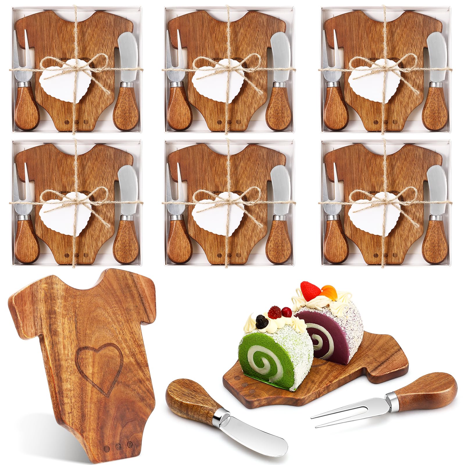 6-Piece Baby Shower Cheese Board Set - Wooden Mini Charcuterie Boards with Knives, Forks, Cards & Gift Box - Perfect for Baby Showers, Bridal Showers & Party Favors (Bodysuit Shape) - Great for Hosting, Gifting & Special Celebrations