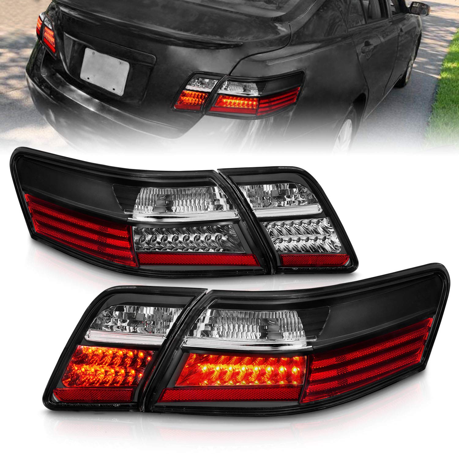 2007-2009 Toyota Camry LED Black Replacement Tail Lights Set (4pcs) - Passenger & Driver Side - Enhanced Visibility & Style for Night Driving & Custom Car Upgrades
