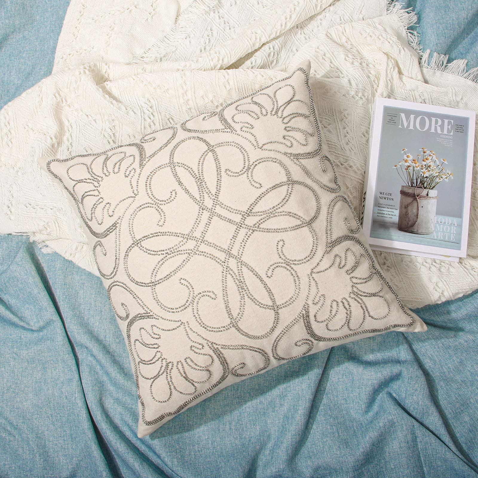 Mingfuxin 18x18 Inch Beaded Decorative Throw Pillow Covers - Square Bohemian Style Cushion Covers for Sofa, Bed, Living Room & Outdoor Furniture - Perfect for Home Decor, Cozy Reading Nook and Patio Relaxation
