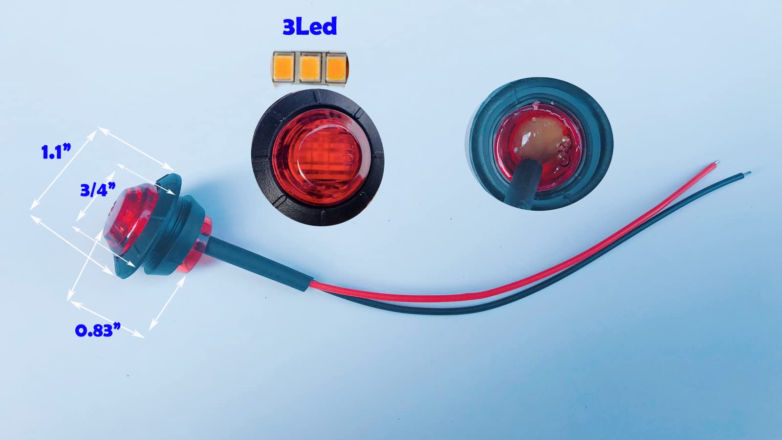 50pcs 3/4 Inch LED Red Side Marker Lights - 3 LED Bullet Lights for Trucks, Trailers & Commercial Vehicles - Waterproof Clearance Lights for Safe Night Driving & Road Visibility