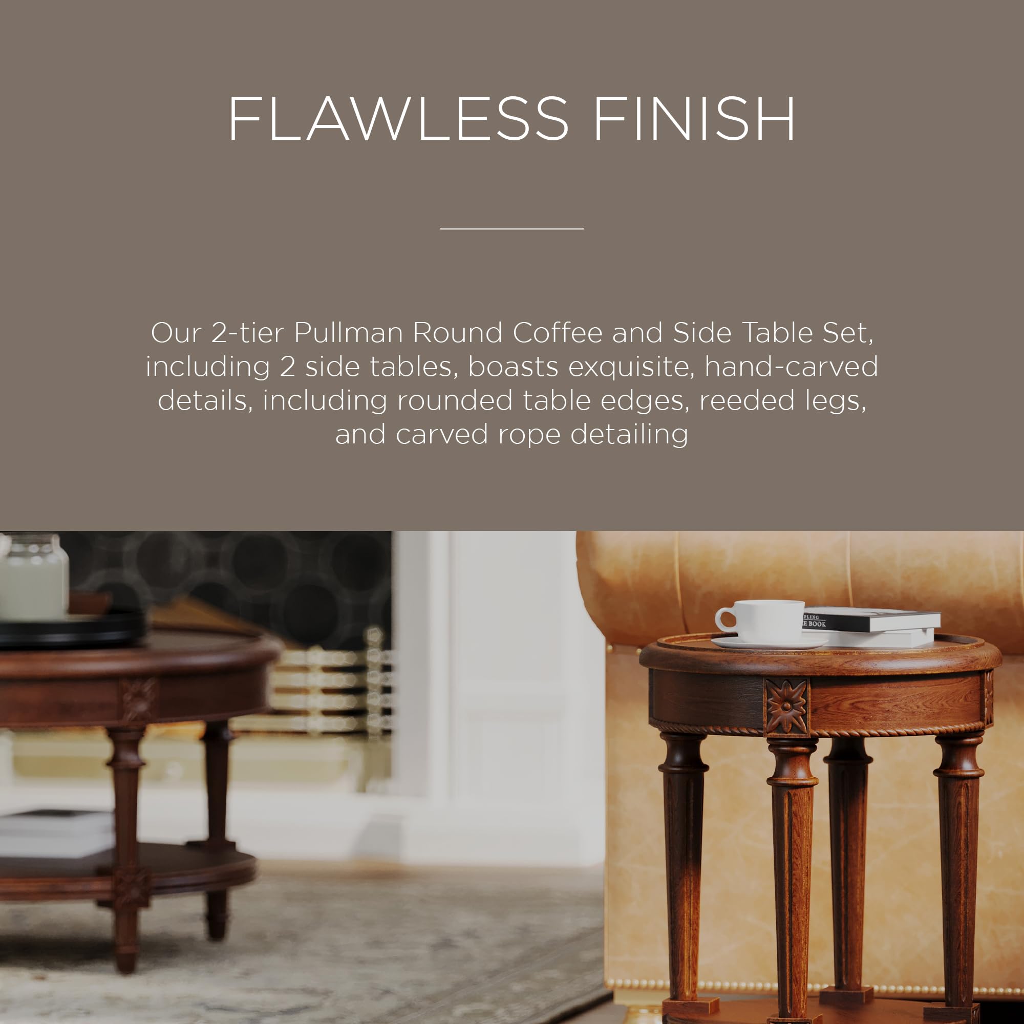 Rustic Brown Wooden Coffee Table Set with Storage - Maven Lane Pullman Traditional Round Center Table & Side Table for Living Room, Home Decor, Farmhouse Style