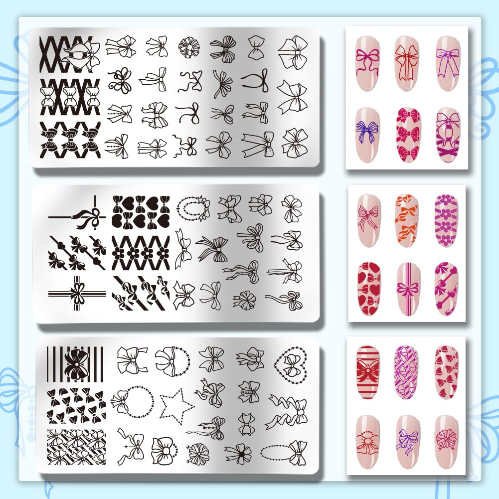 PH PandaHall 66 Patterns Bow Nail Stamper Kit - 3pcs Stainless Steel Nail Stamping Plates with Cute Bowknot Designs for Professional Nail Art, DIY Manicure & Salon Use | Perfect for Nail Design Printing, Home Nail Care & Gift Giving