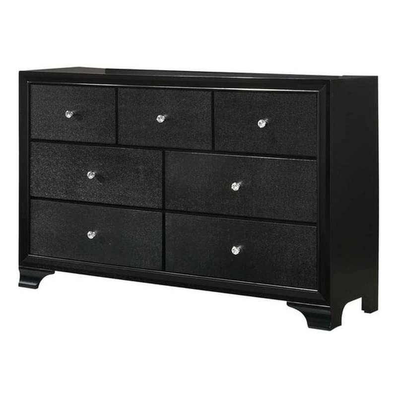 Benjara 7-Drawer Wooden Dresser with Bracket Feet & Crystal Knobs - Black Finish for Bedroom Furniture & Home Organization