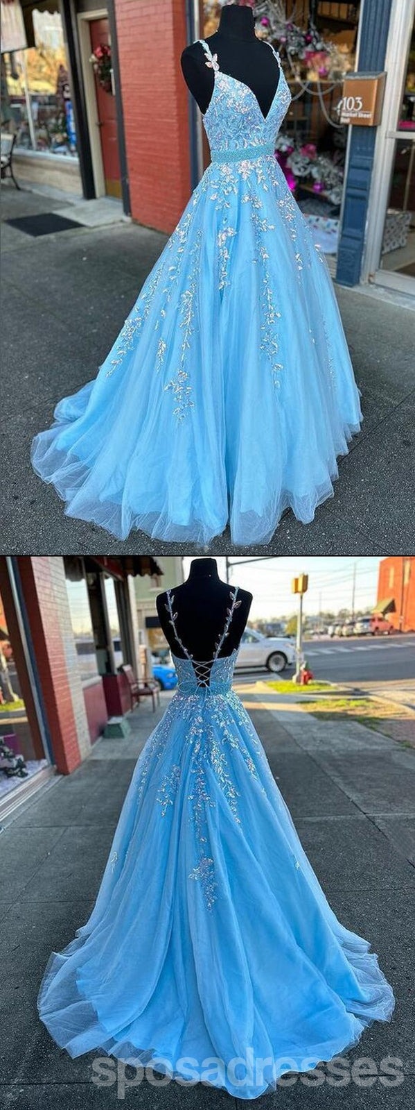 Elegant Blue A-Line Spaghetti Strap V-Neck Long Prom Dress for Women - Perfect for Formal Events, Evening Parties & Special Occasions