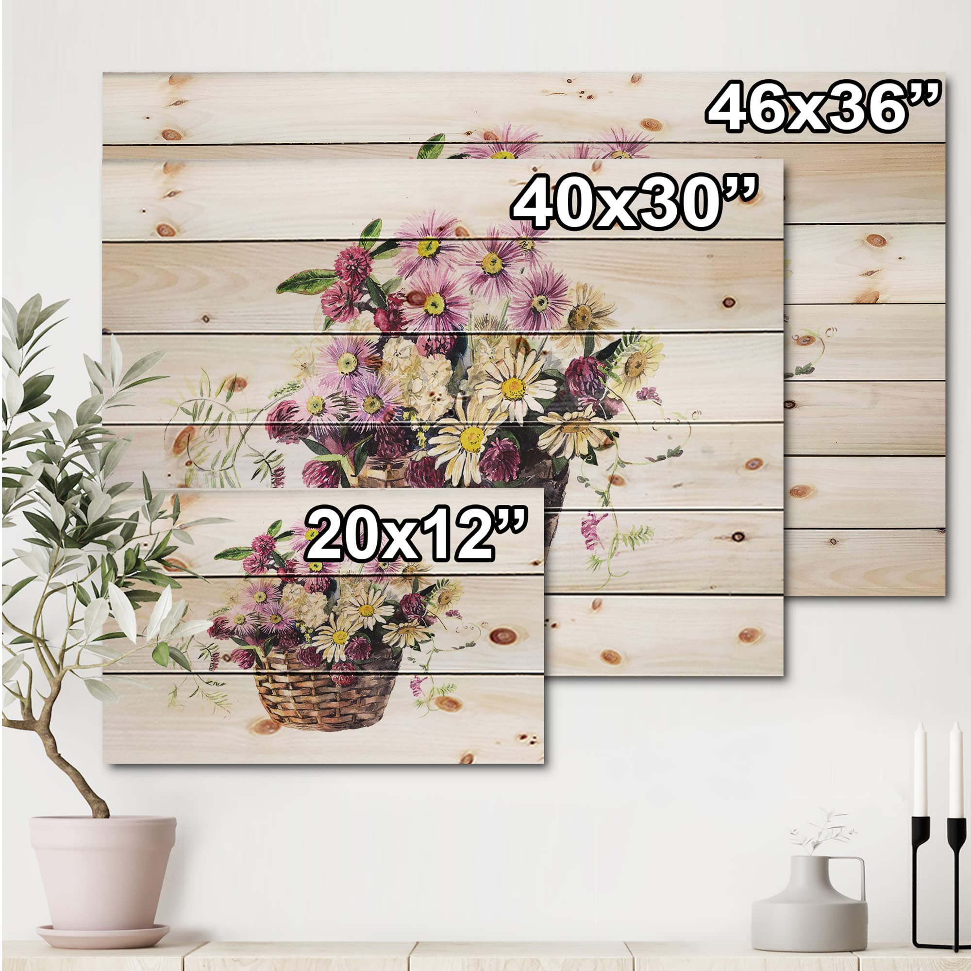 Traditional Wood Wall Decor - Pink Floral Bouquet in Basket, Large Meadow Flowers Wall Art Panel Printed on Natural Pine Wood | Perfect for Farmhouse, Rustic, Boho Home Decor & Living Room, Bedroom, Office Wall Decoration