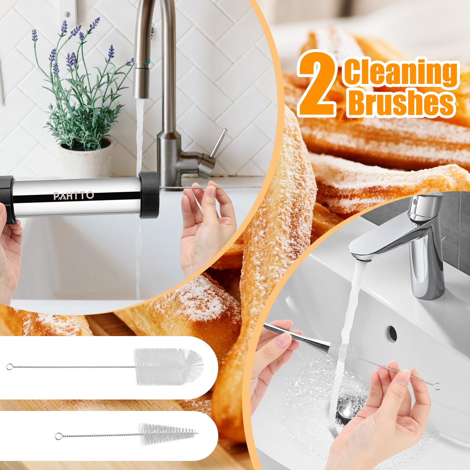 Stainless Steel Churro Maker Kit with 4 Nozzles, Piping Bag & Cleaning Brushes - Professional Churro Machine for Homemade Spanish Donuts - Perfect for Parties, Gifts & Family Baking Fun