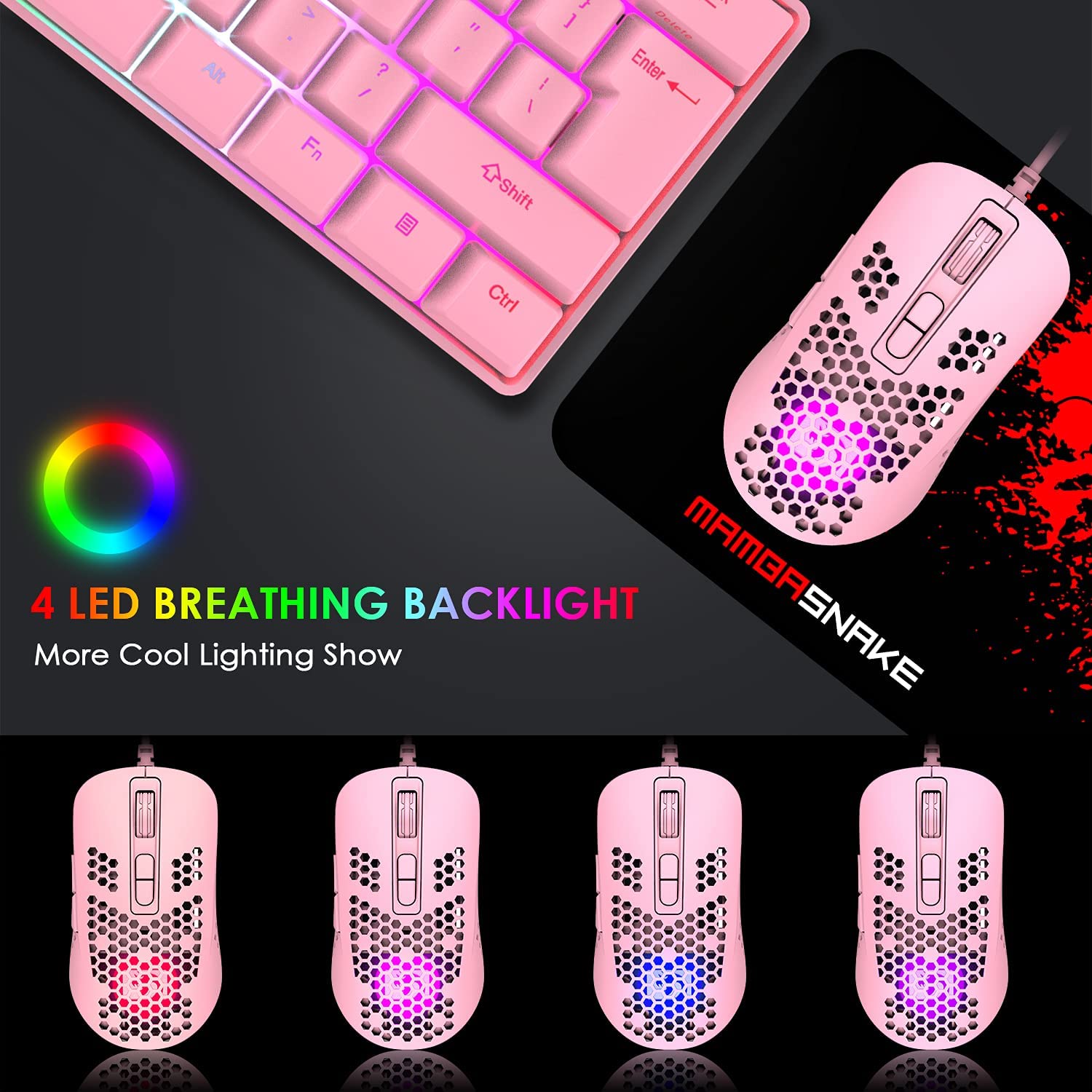KUIYN 60% Wired Compact Gaming Keyboard and Mouse Set - 61 Keys RGB Backlit Mechanical Keyboard, Honeycomb Optical Gaming Mouse with Mouse Pad - Perfect for PC Gaming, Esports, and Office Work