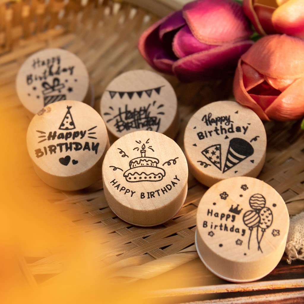 6-Piece Round Wooden Rubber Stamp Set for DIY Card Making, Scrapbooking & Crafts - Happy Birthday Pattern Stamps - Perfect for Greeting Cards, Invitations, and Handmade Gifts