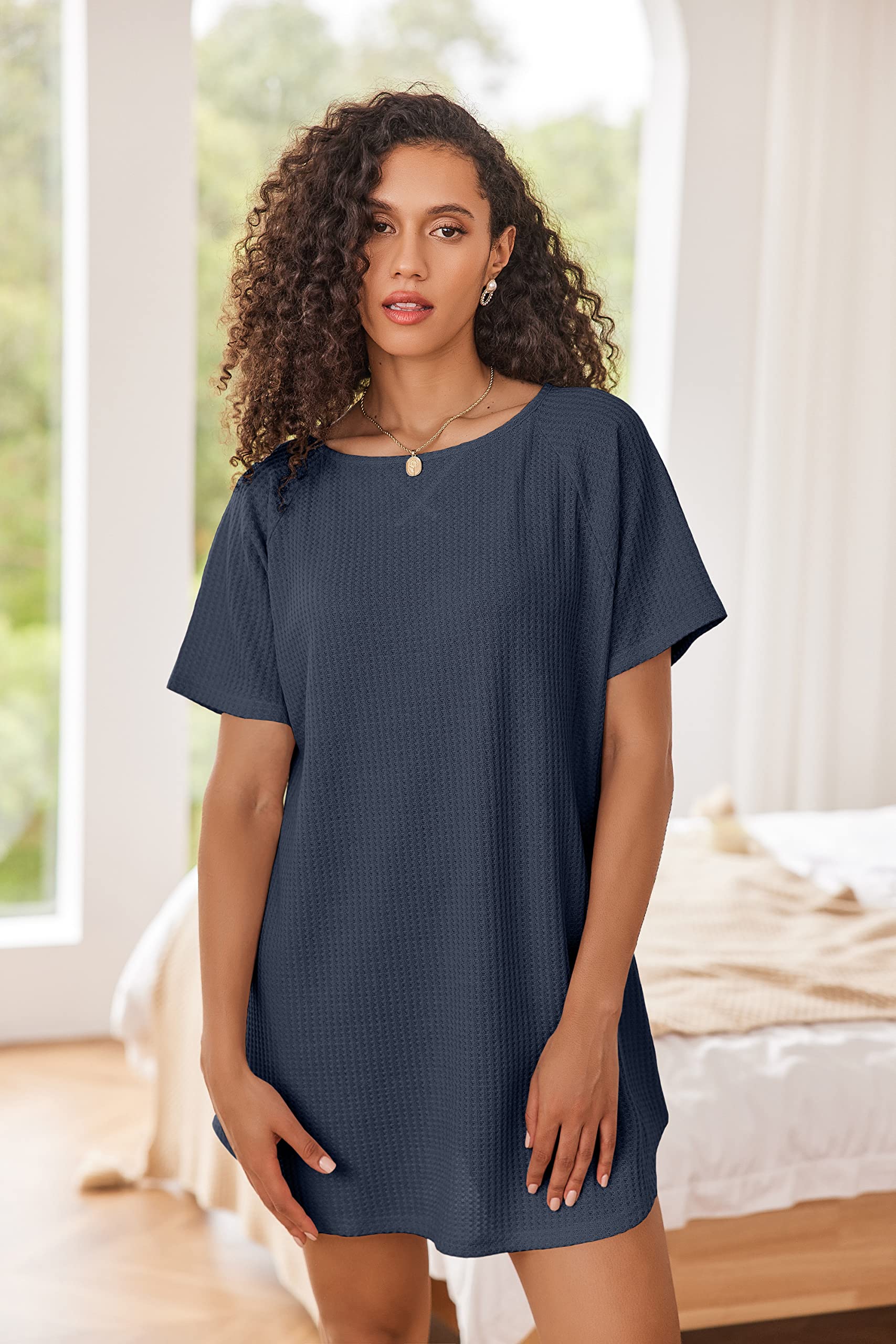 Ekouaer Women's Waffle Knit Short Sleeve Sleepshirt - Soft & Comfortable Nightgown, Casual Loungewear T-Shirt for Sleeping, Relaxing at Home or Vacation