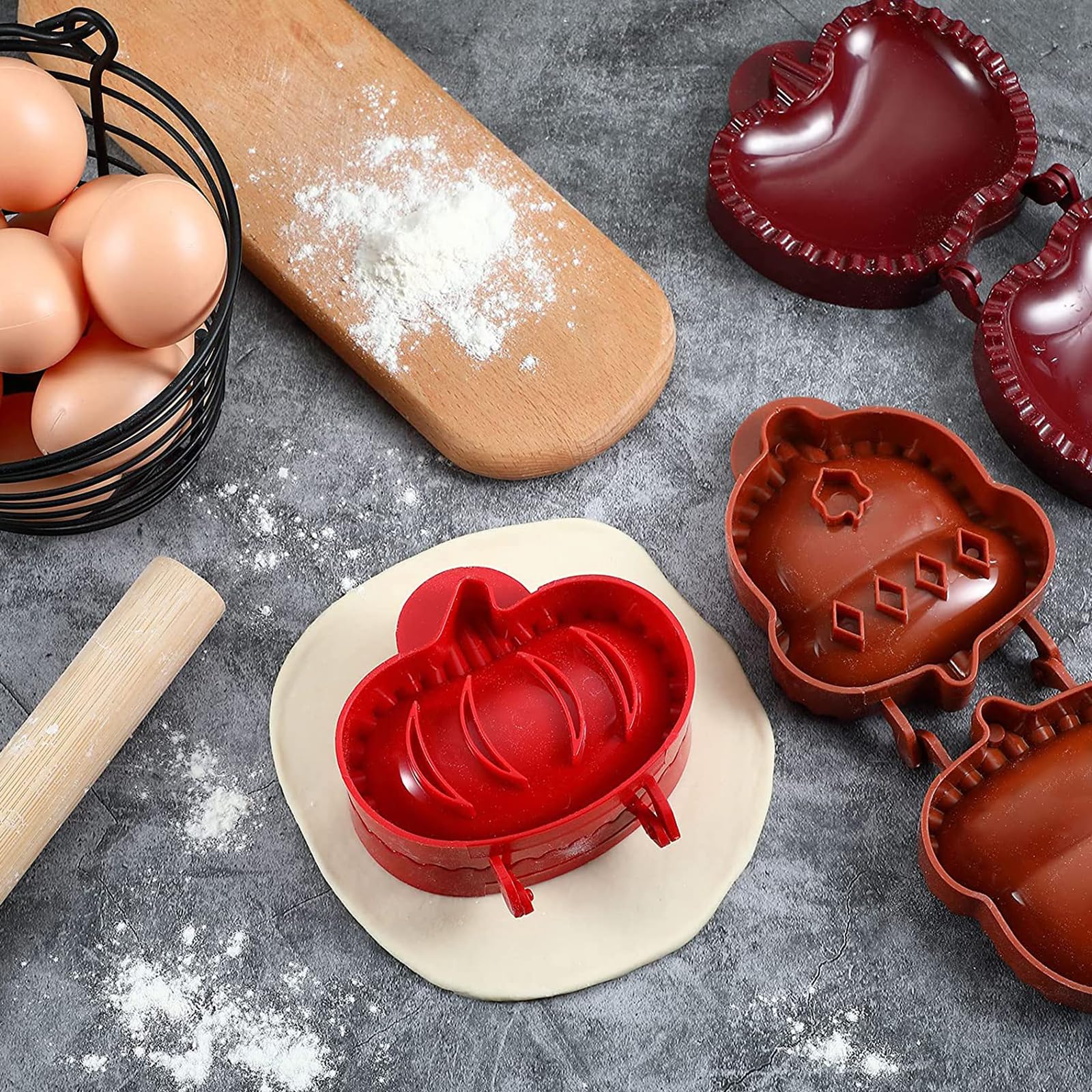 Mini Pie Molds Set of 3 - Dough Presser for Baking Hand Pies | Apple, Pumpkin & Acorn Shaped Pocket Pie Makers | Perfect for Party Potlucks, Holiday Baking & Homemade Desserts (Red)