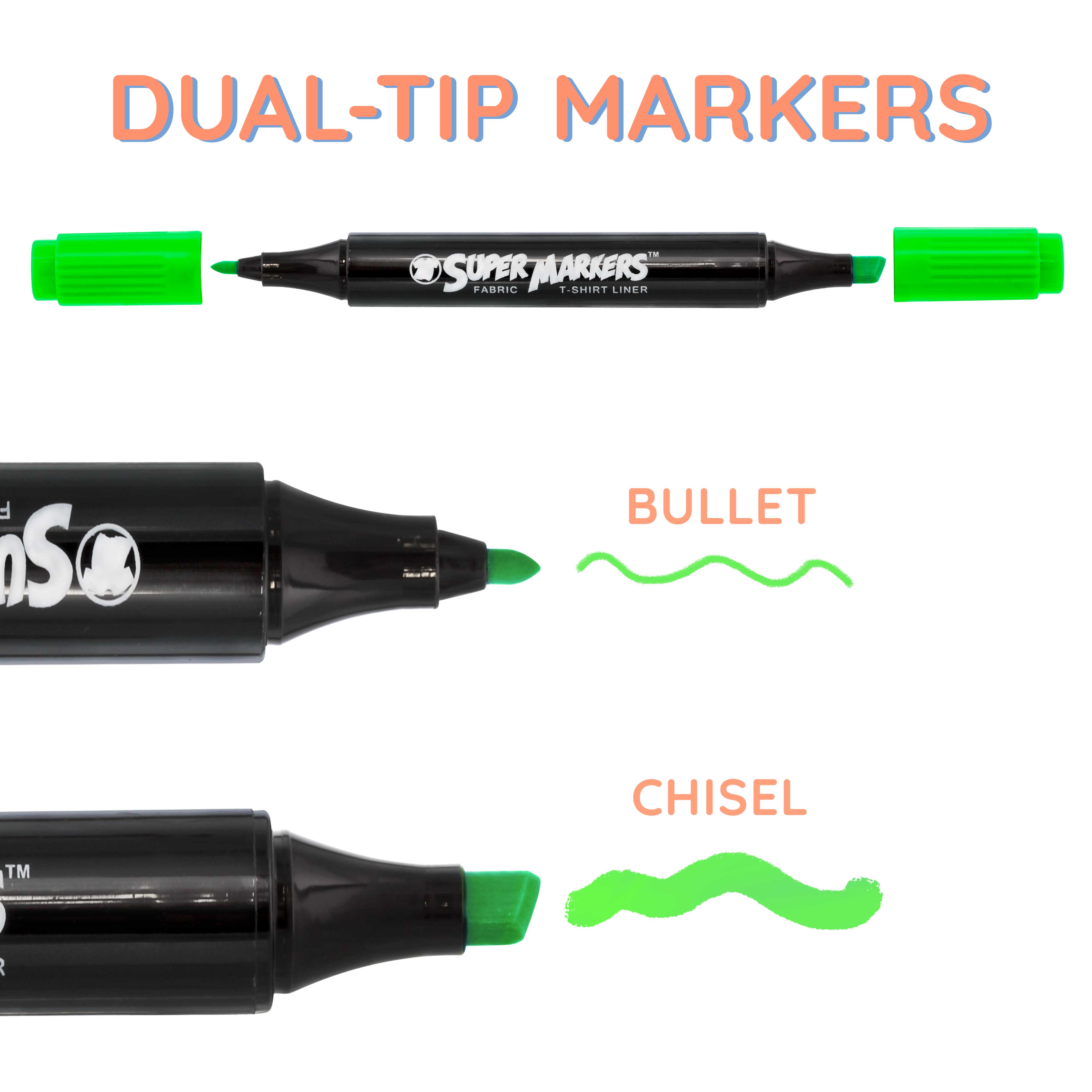 20 Unique Neon Colors Dual Tip Fabric & T-Shirt Markers Set - Chisel & Fine Point Tips for DIY Crafts, Clothing Customization & Art Projects
