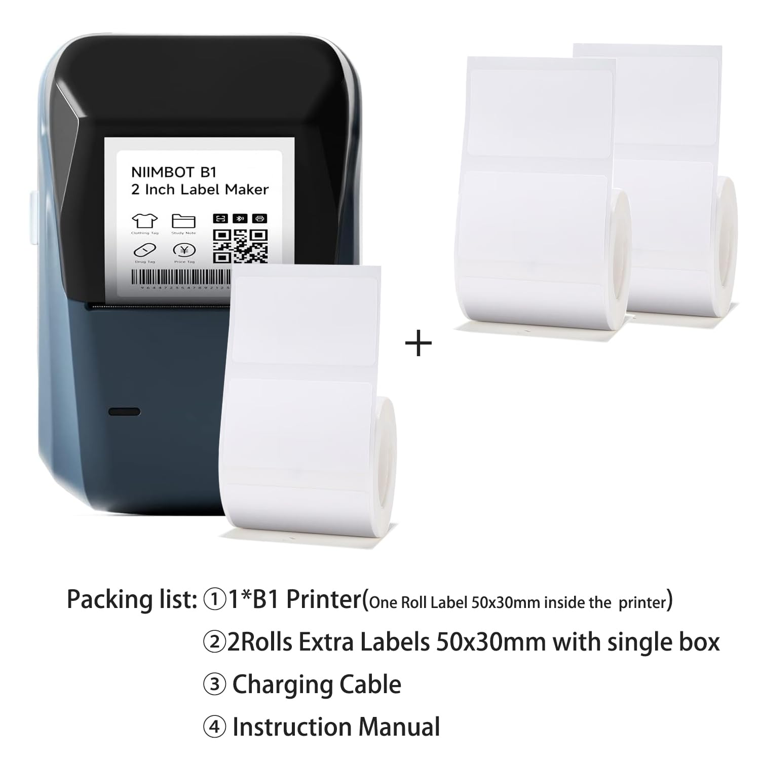 Bluetooth Label Printer Machine - 2 Inch Portable B1 Label Maker with 3 Rolls White Tape & Auto Identification | Easy to Use for Office, Home, Business Organization | Perfect for Shipping Labels, Pantry Organization & Retail Pricing