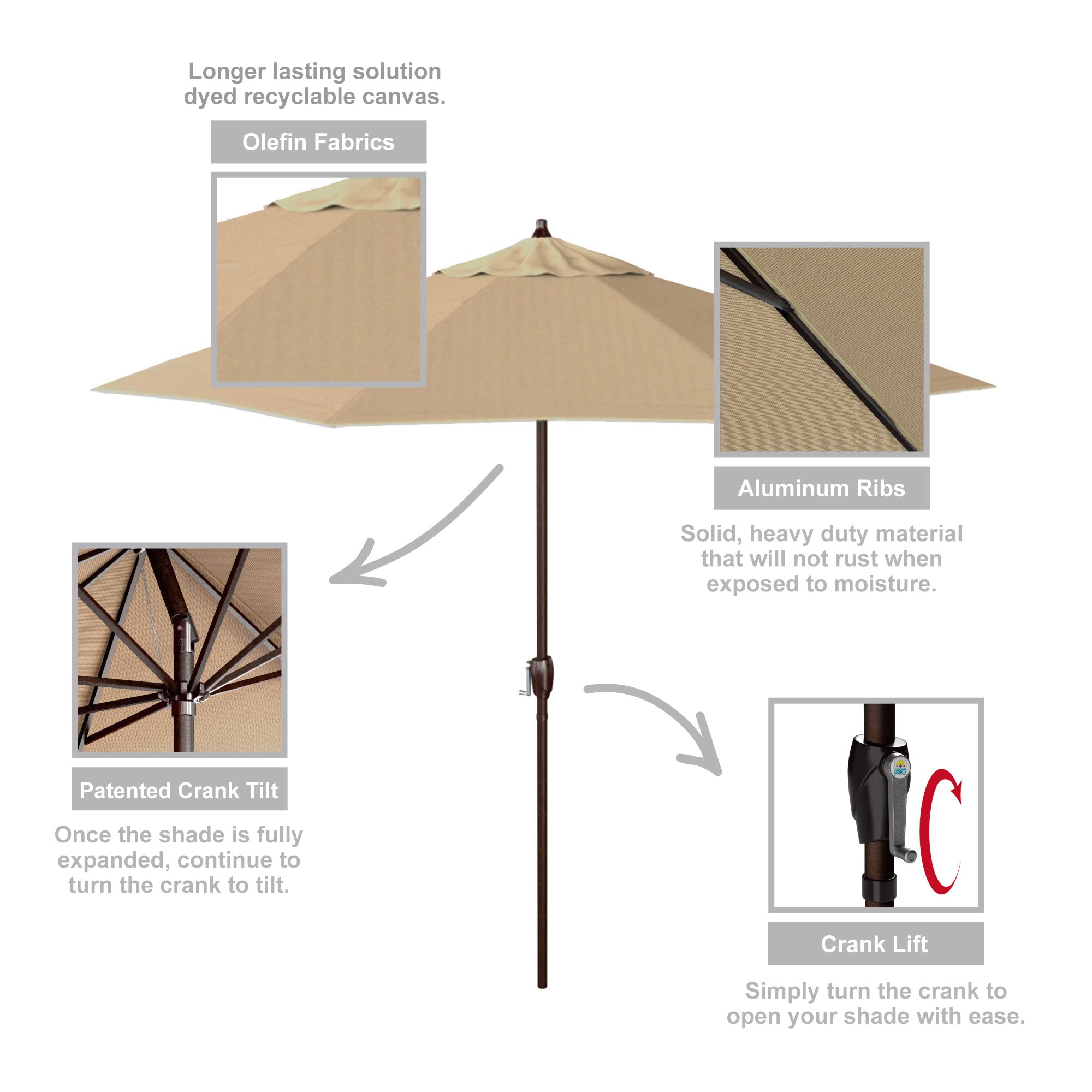 9' Aluminum Patio Umbrella with Crank Lift & Auto Tilt - Outdoor Dining & Poolside Use