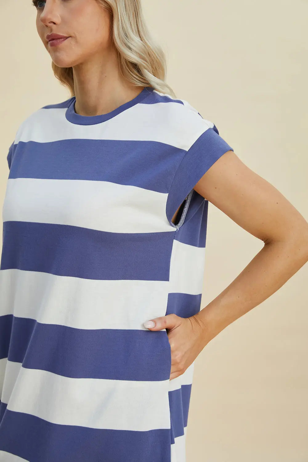 Basic Bae Women's Full Size Striped Round Neck Cap Sleeve Mini Dress - Casual Summer Outfit for Beach, Party & Date Night
