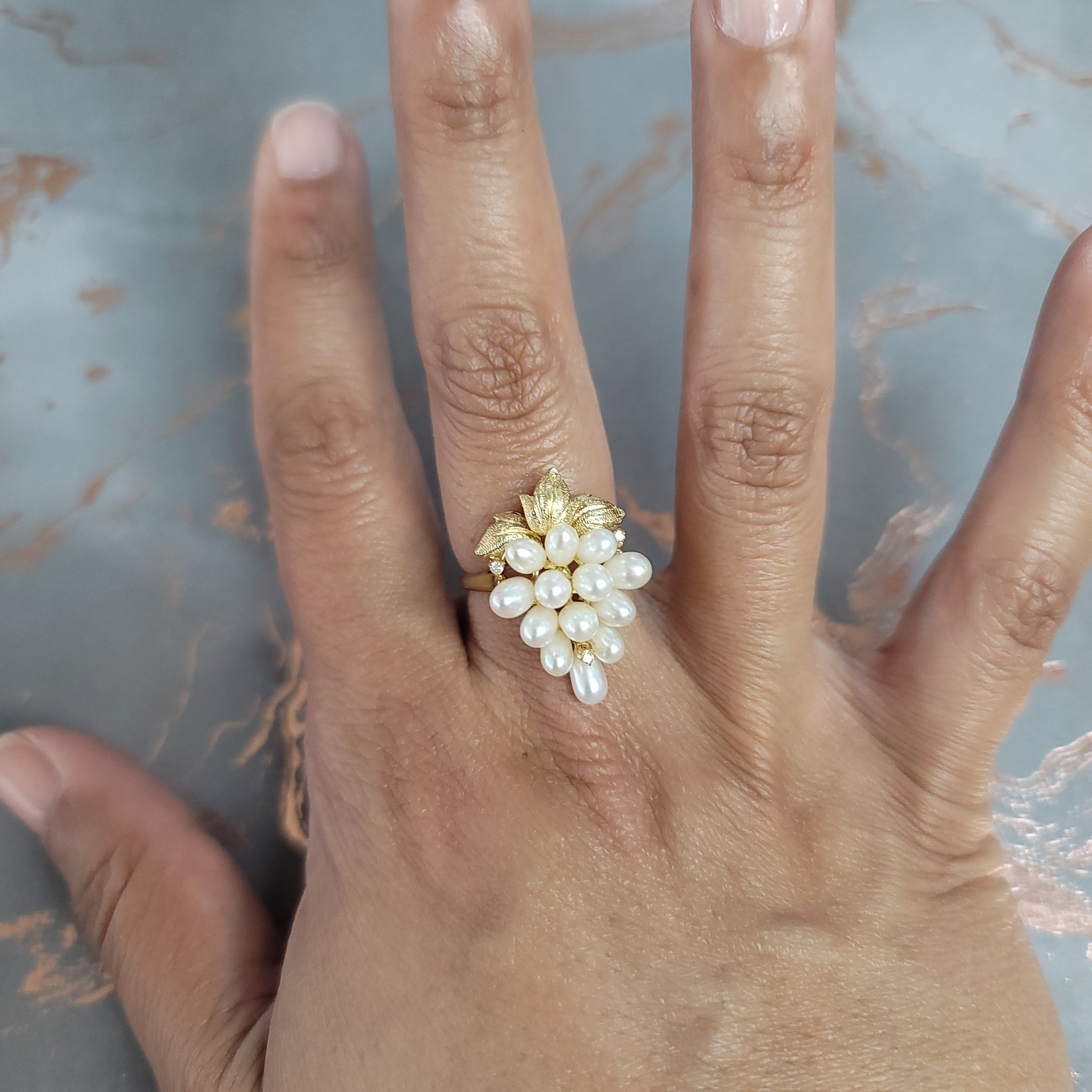 14K Yellow Gold Freshwater Pearl Grape Cluster Cocktail Ring with Small Diamonds - Elegant Jewelry for Evening Parties, Weddings & Special Occasions