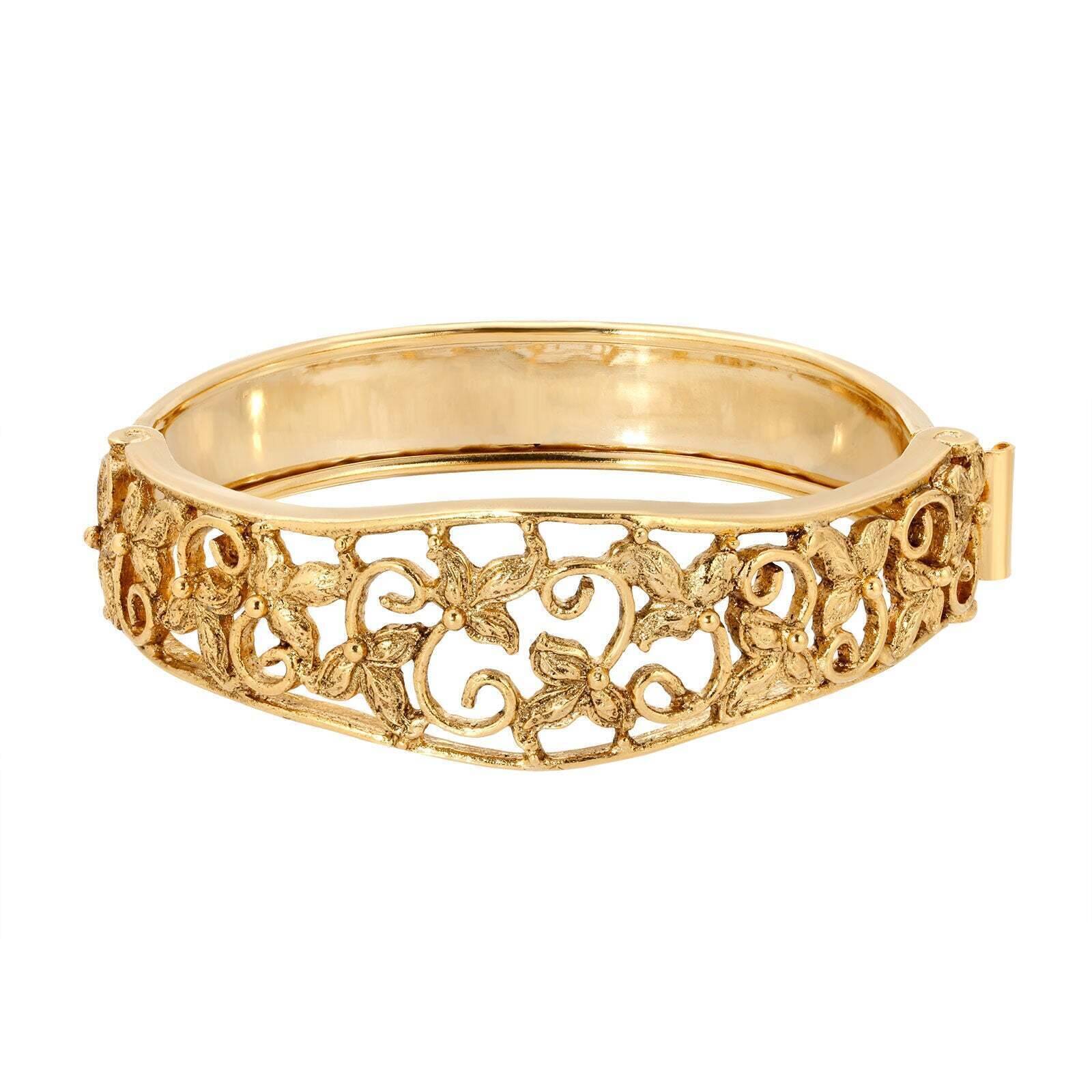 1928 Jewelry Gold Floral Hinge Bracelet for Women - Vintage Inspired Adjustable Bangle - Perfect for Weddings, Parties & Everyday Elegance