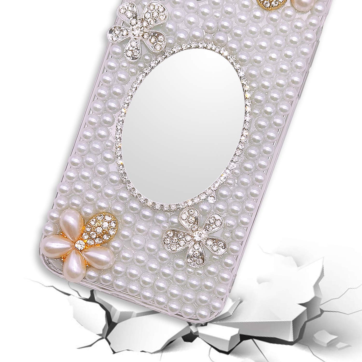 Sparkly Rhinestone Flower iPhone 12 Case for Women - Luxury Glitter Pearl Crystal Clear TPU Protective Phone Cover with Mirror Makeup Case | Perfect for Parties, Weddings & Everyday Glam Style