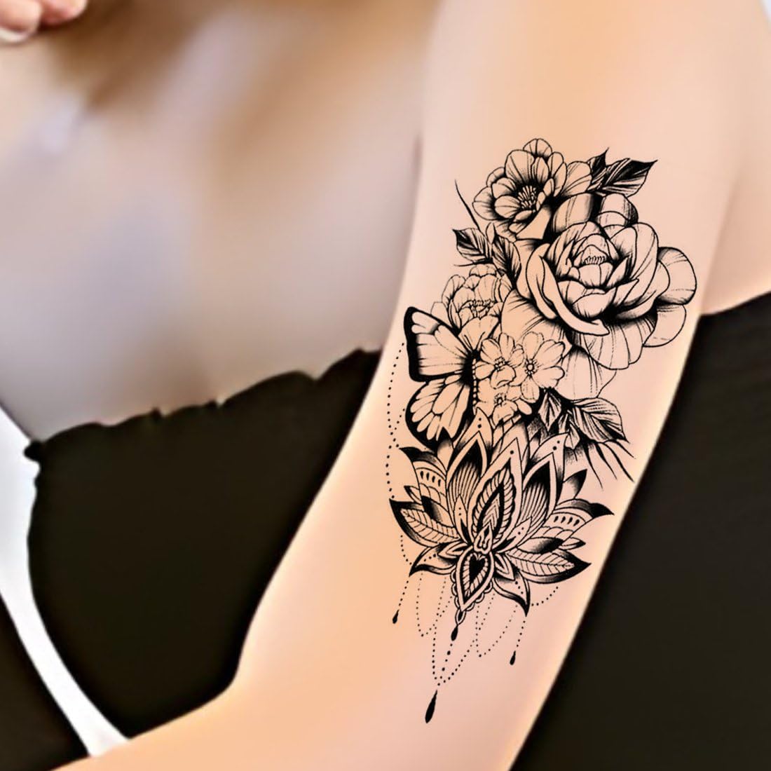Rose Lotus with Butterfly Temporary Tattoo - Waterproof Fake Body Art for Men, Women, Girls & Kids - Perfect for Parties, Festivals & Summer Beach Looks