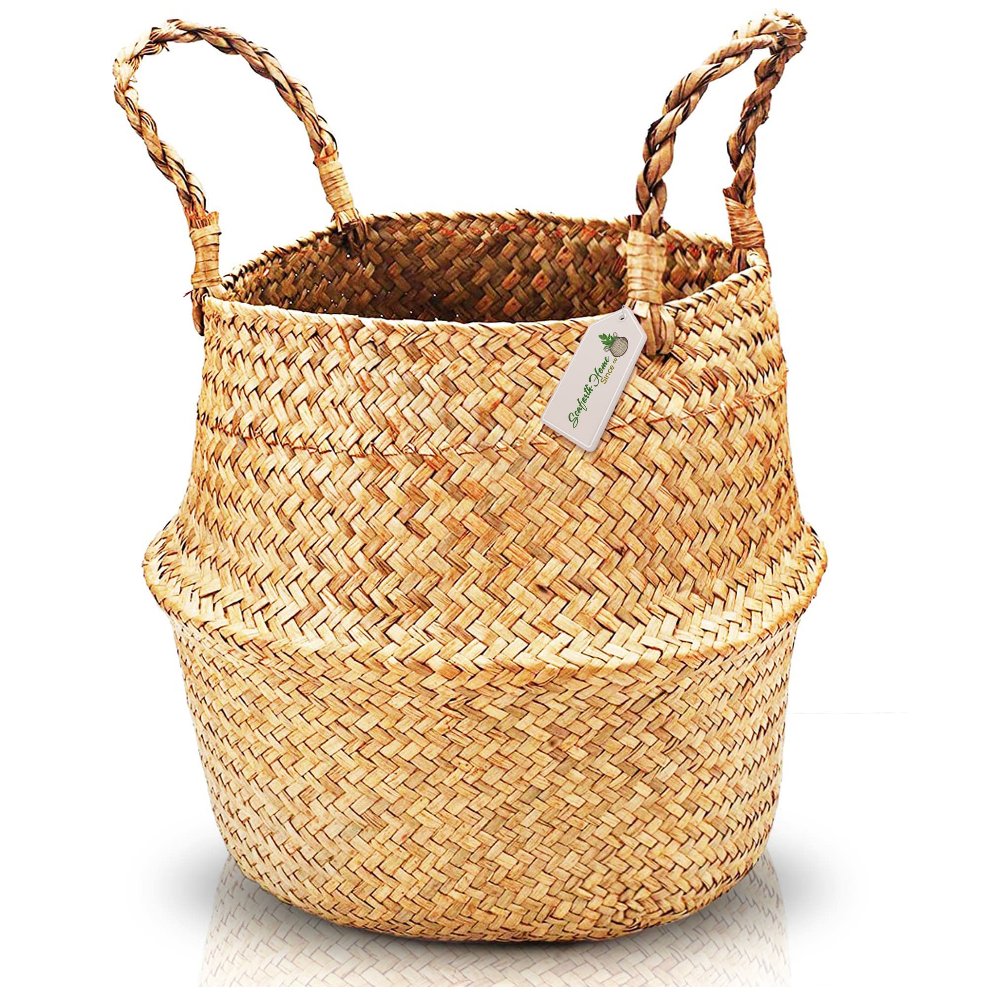 12 Inch Large Woven Seagrass Basket Planter - Natural Indoor Plant Holder, Picnic & Home Decor Storage Basket - Perfect for Houseplants, Blankets, Toys & Farmhouse Style Decor