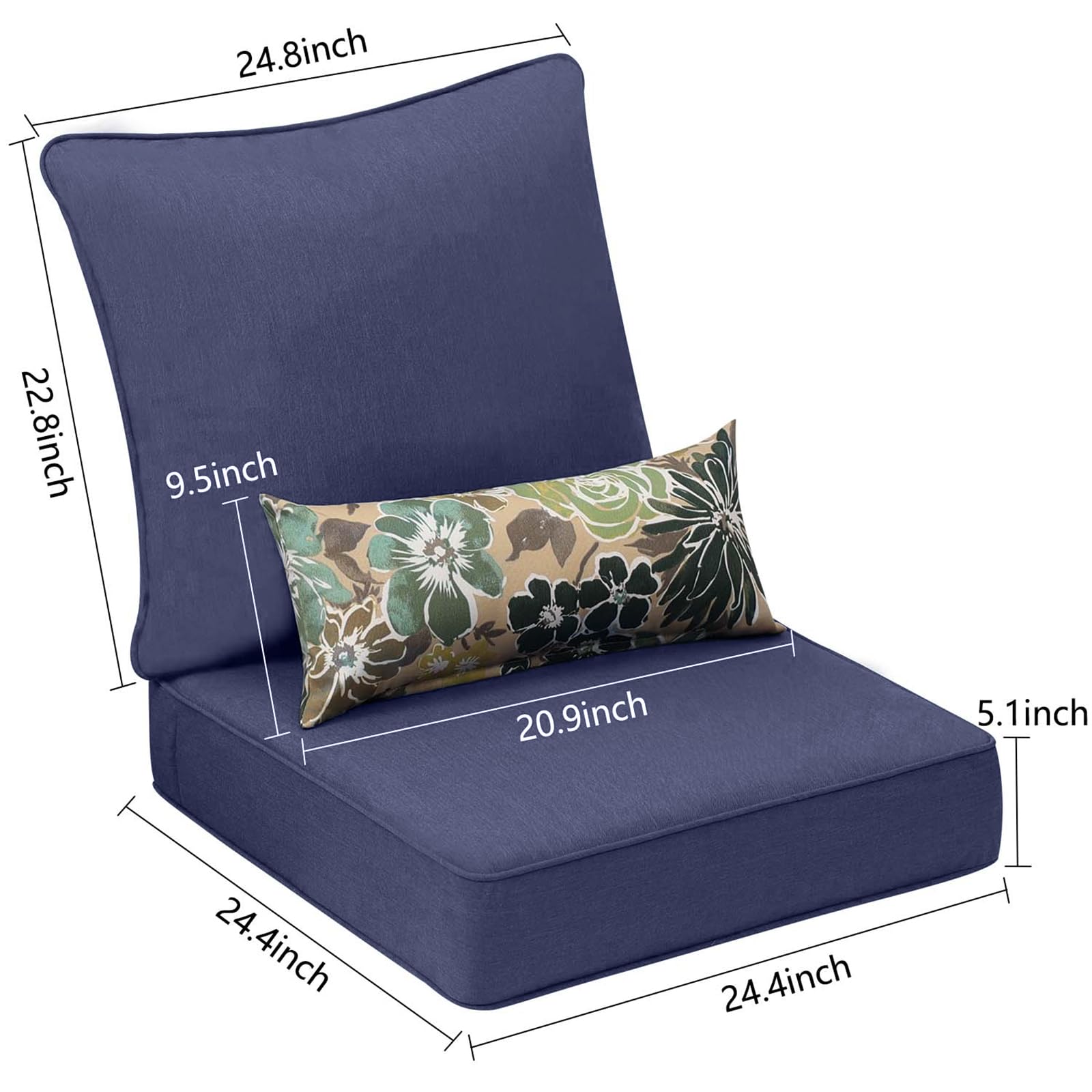 Aoodor 24x24 Inch Outdoor Deep Seat Cushion Set - Waterproof Olefin Fabric with High-Density Foam, Navy Blue (2 Seat Cushions, 2 Back Cushions, 2 Lumbar Pillows) - Perfect for Patio Furniture, Garden Chairs, and Poolside Lounging
