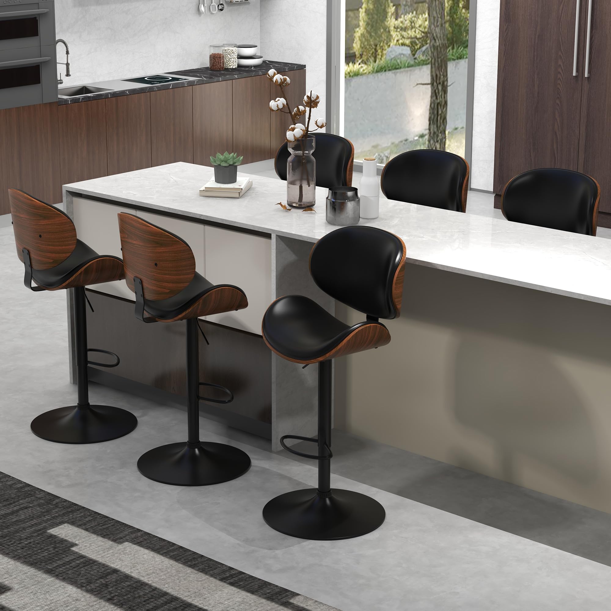 Civama 4-Piece Adjustable Swivel Bar Stool Set - Modern Kitchen Counter Height Stools with Bentwood Seat, Backrest & Footrest - PU Leather Bar Chairs for Kitchen Island, Dining Room, Restaurant & Home Bar Use