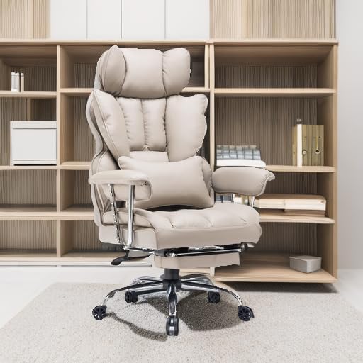 Efomao 400LBS Heavy Duty Executive Office Chair - Big and Tall PU Leather Computer Desk Chair with Adjustable Lumbar Support & Footrest - Grey Ergonomic Swivel Chair for Home Office, Gaming, and Workspace