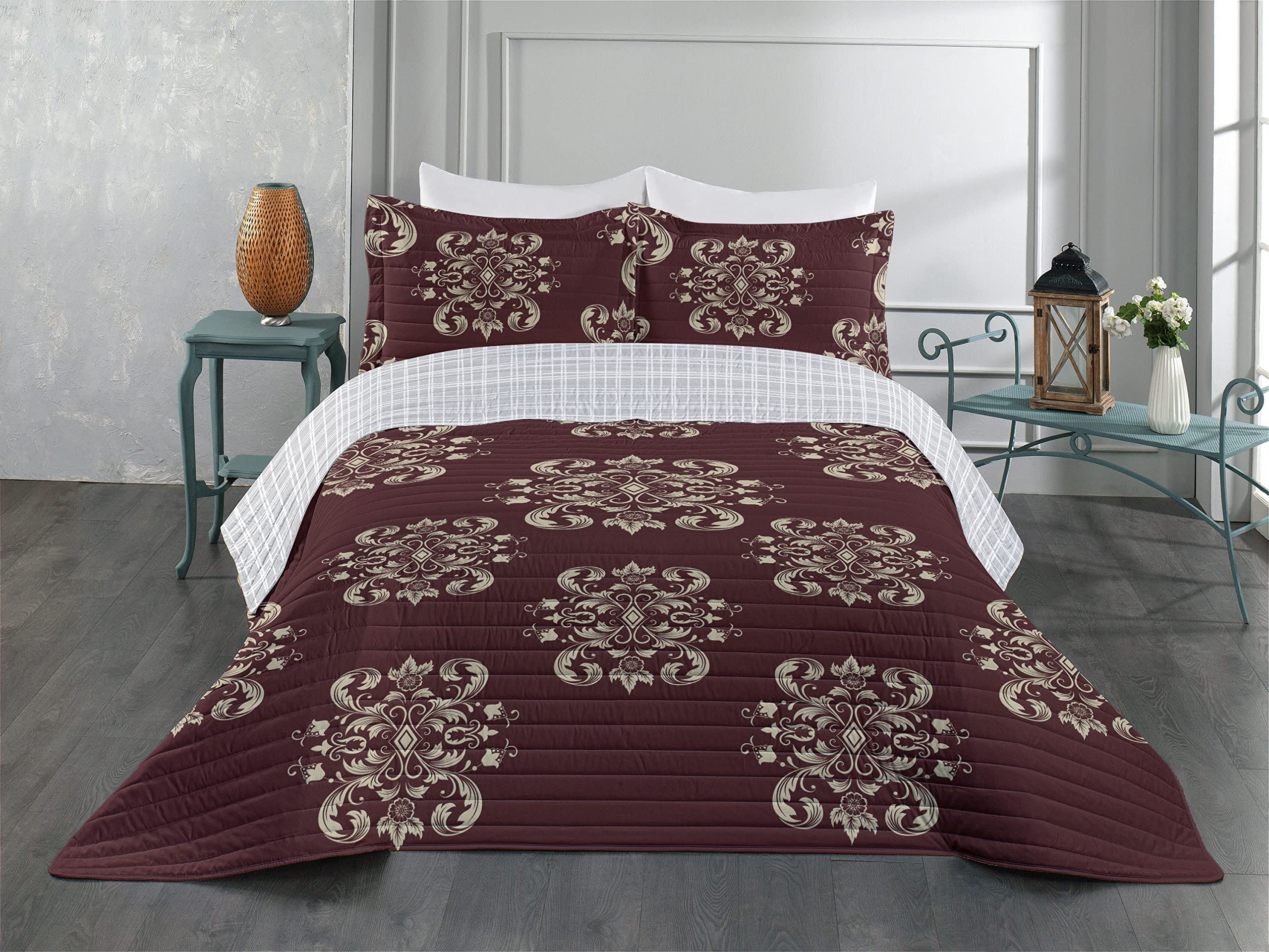 Ambesonne Reversible Bedspread Set - Vintage Floral Design with Flourishing Blossoms & Foliage, Microfiber Comforter & Pillow Shams, Queen Size in Brown Eggshell | Perfect for Boho Bedroom Decor, Guest Room Makeover & Cozy Home Styling