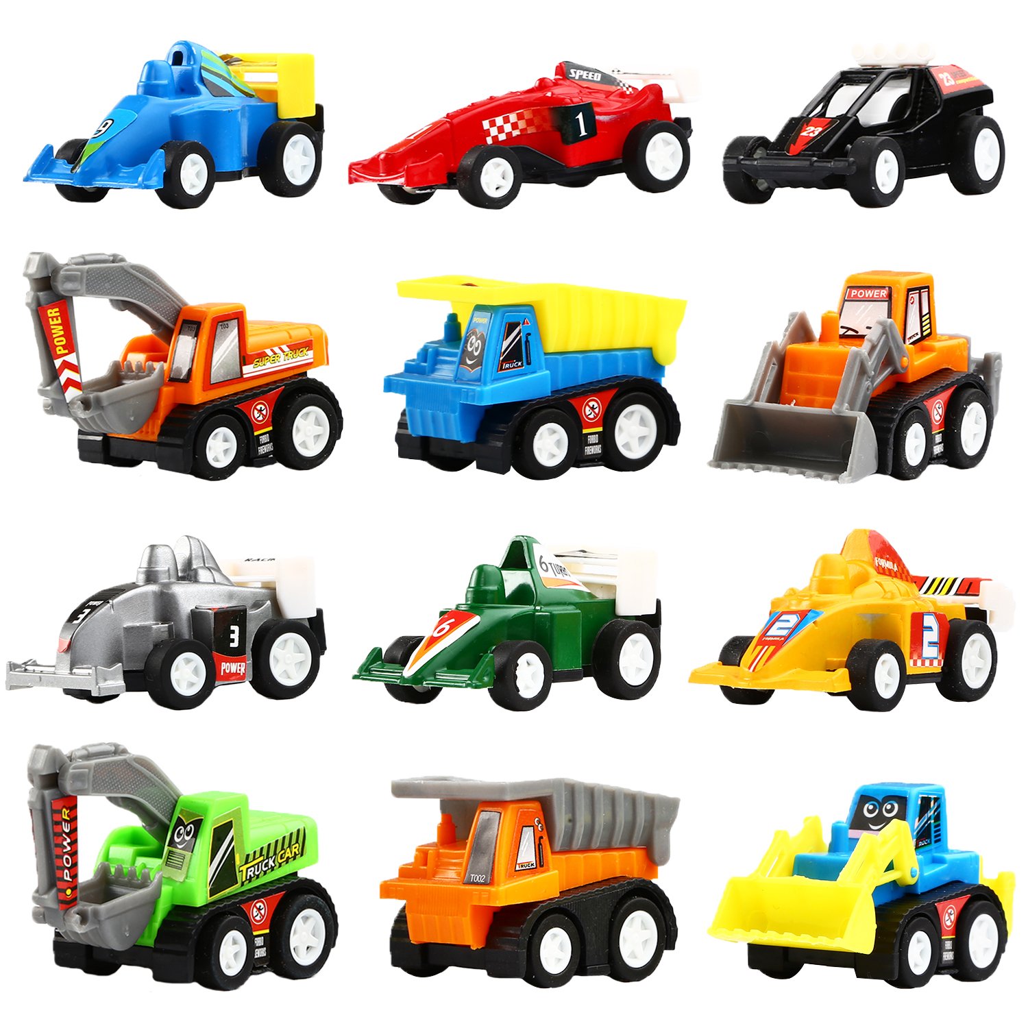 Yeonha Toys 12-Pack Pull Back Vehicles - Mini Construction & Race Cars for Kids, Toddlers & Boys - Fun Play Set for Indoor & Outdoor Activities