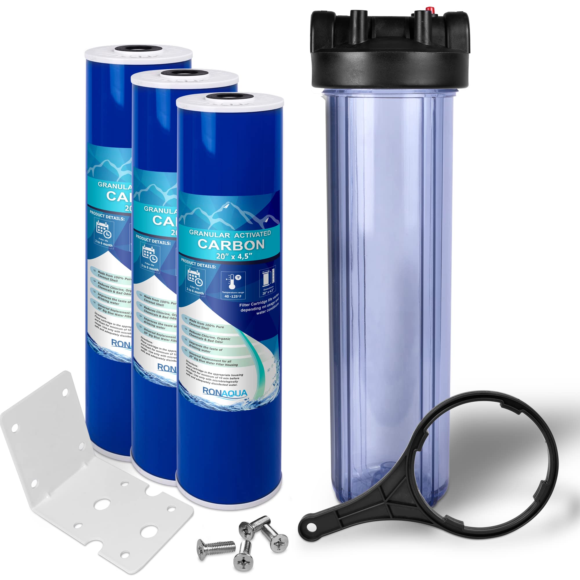 20x4.5” Whole House Water Filtration System - High Capacity Transparent Filter with Pressure Relief Button, 1” Brass Inlet/Outlet - Includes 3 Coconut Shell Activated Carbon Cartridges (1 Year Supply) - Perfect for Clean Water in Homes, Farms & RVs