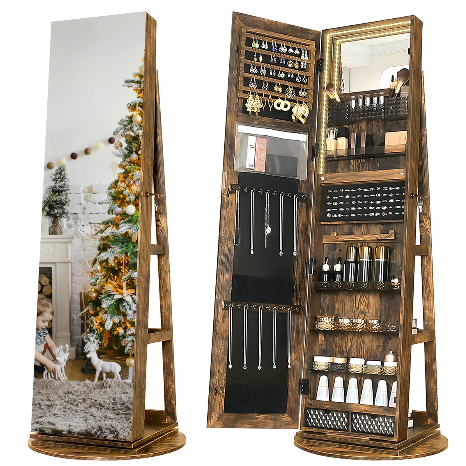 360° Swivel Mirror Jewelry Cabinet with LED Lights - Lockable Standing Jewelry Armoire Organizer with Storage Shelves for Bedroom, Bathroom & Dressing Room