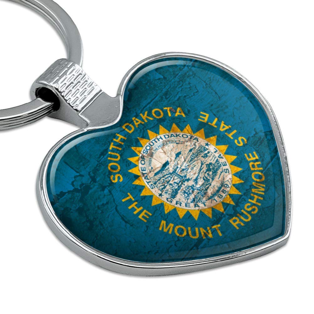 Vintage Rustic South Dakota State Flag Keychain - Distressed USA Metal Key Ring with Heart Design - Perfect for Travel, Gifts & Patriotic Accessories