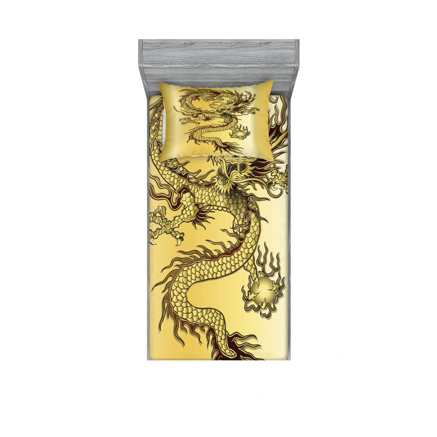 Ambesonne Dragon 2-Piece Twin Fitted Sheet & Pillow Sham Set - Chinese Eastern Myth Inspired Bedding Decor (Mustard & Black) - Perfect for Themed Bedrooms, Dorm Rooms, and Fantasy Home Decor