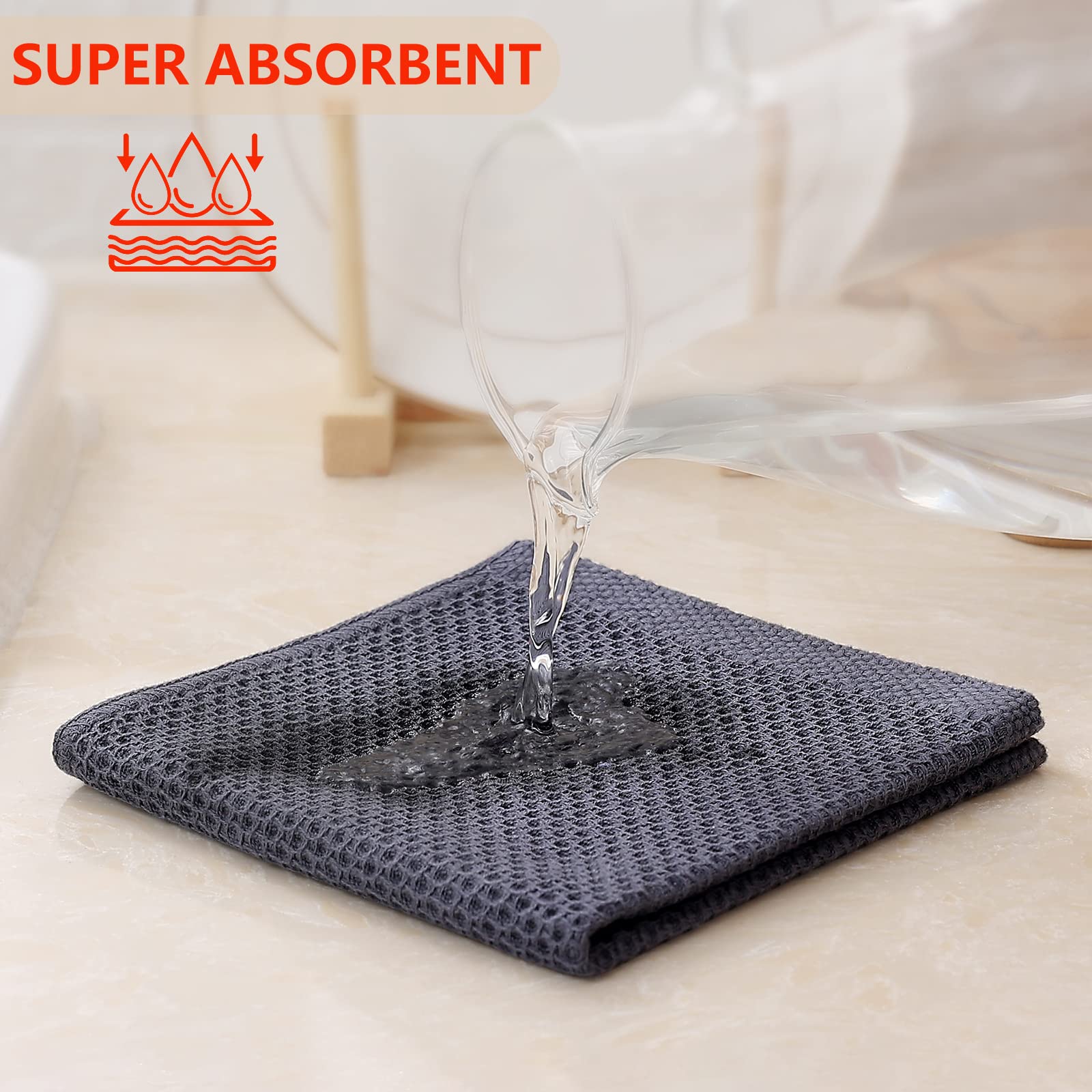 Kitinjoy 6 Pack 100% Cotton Waffle Weave Dish Cloths - Ultra Soft & Highly Absorbent Kitchen Towels (12x12 Inches, Dark Grey) for Drying Dishes, Cleaning Countertops & Everyday Kitchen Use