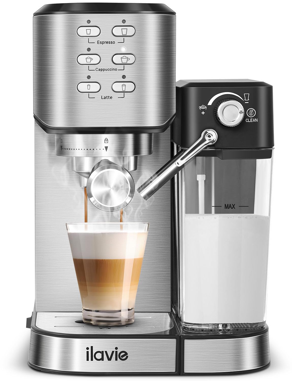 ILAVIE 6-in-1 Espresso Coffee Machine with Built-In Automatic Milk Frother - 20 Bar Pressure for Perfect Espresso, Cappuccino & Latte - 34 oz Removable Water Tank - Stainless Steel Coffee Maker for Home, Office & Small Cafes - Great for Morning Brews, Entertaining Guests & Coffee Shops
