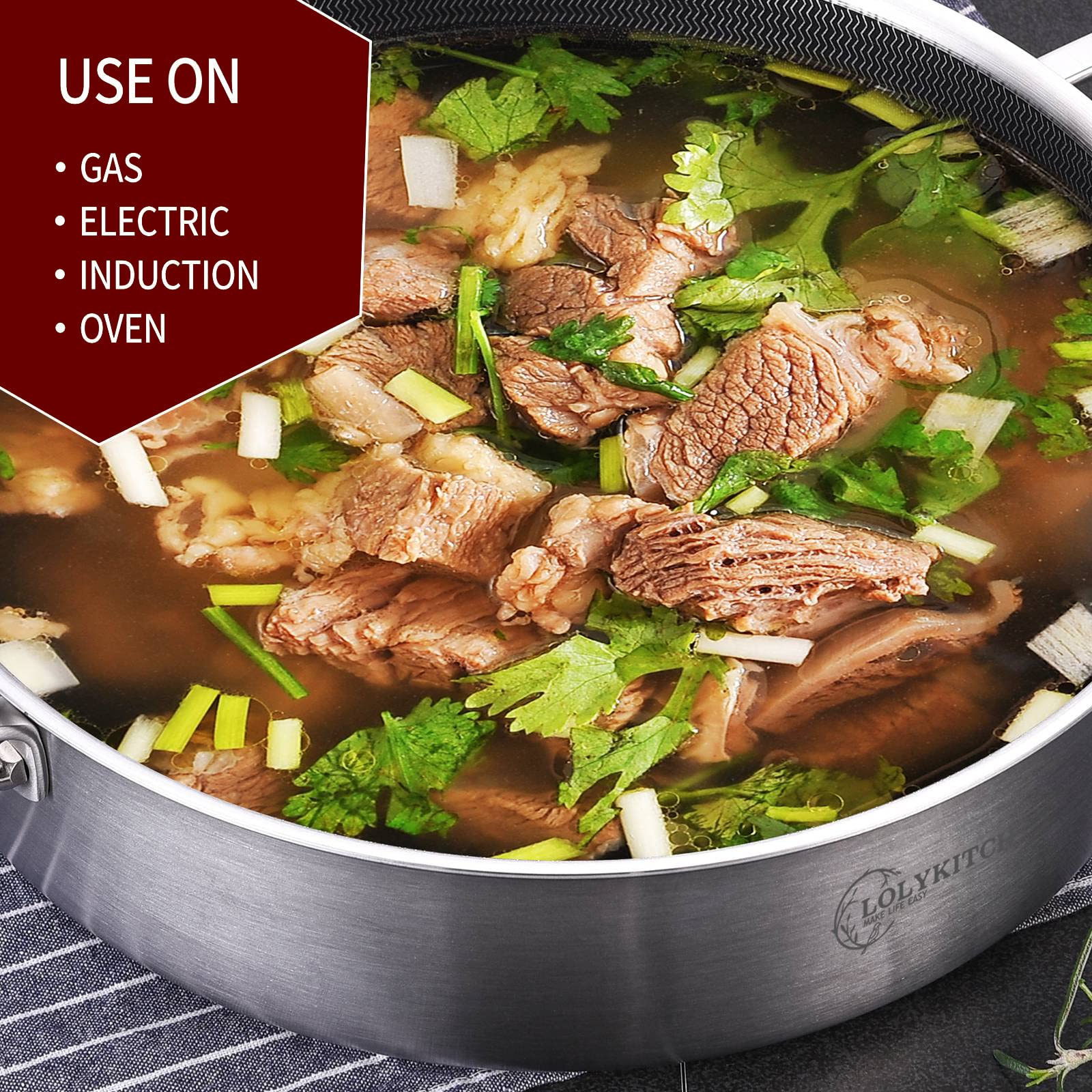 LOLYKITCH 3 QT Tri-Ply Stainless Steel Non-Stick Sauté Pan with Lid - Small Skillet, Jumbo Cooker, Induction Compatible, Dishwasher & Oven Safe - Perfect for Frying, Searing & Simmering on Gas, Electric & Induction Stoves