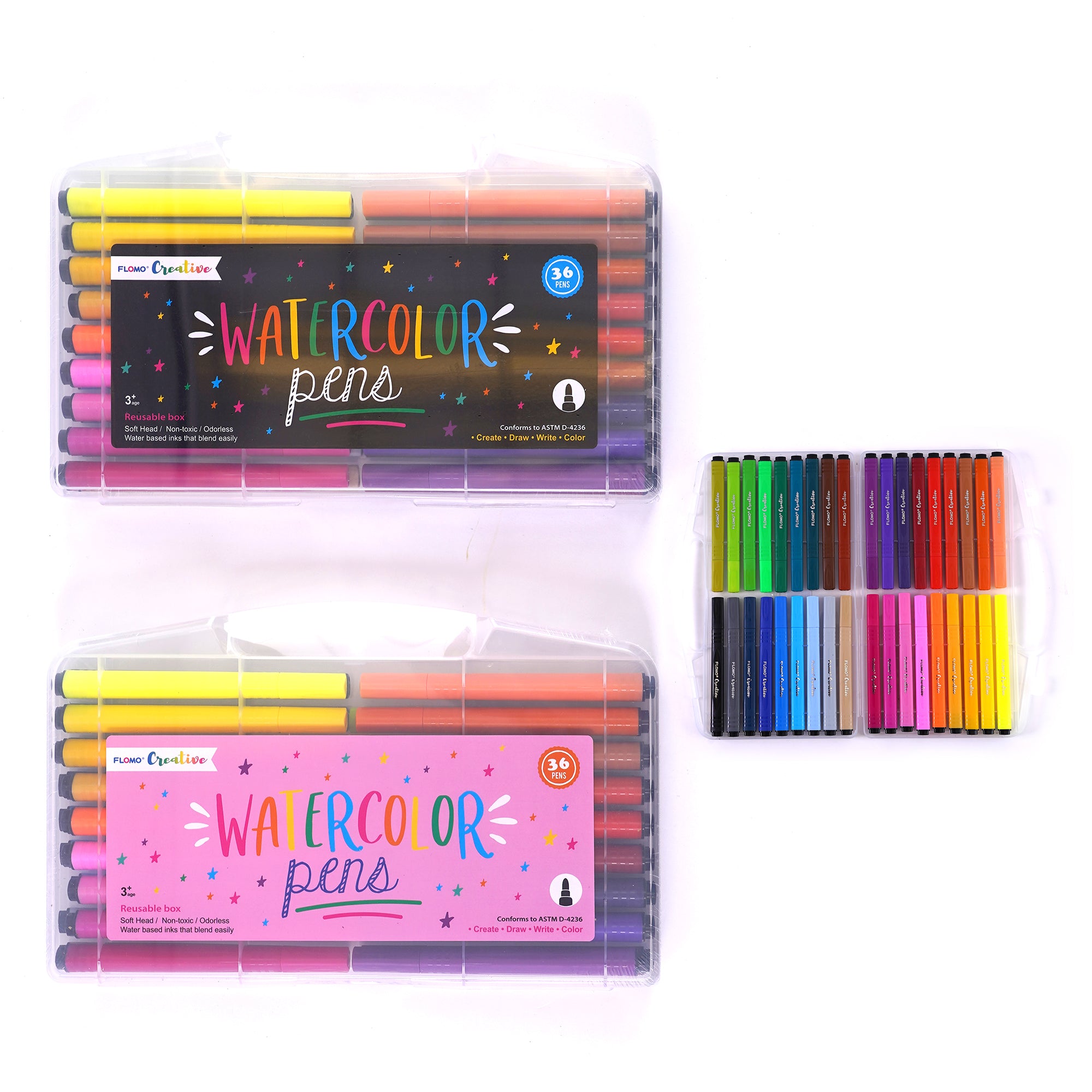 36 Colors Chunky Watercolor Markers Set - 36pc Non-Toxic Washable Art Markers for Kids & Adults - Perfect for Coloring Books, Sketching & DIY Crafts (2 Assortments 4/12)