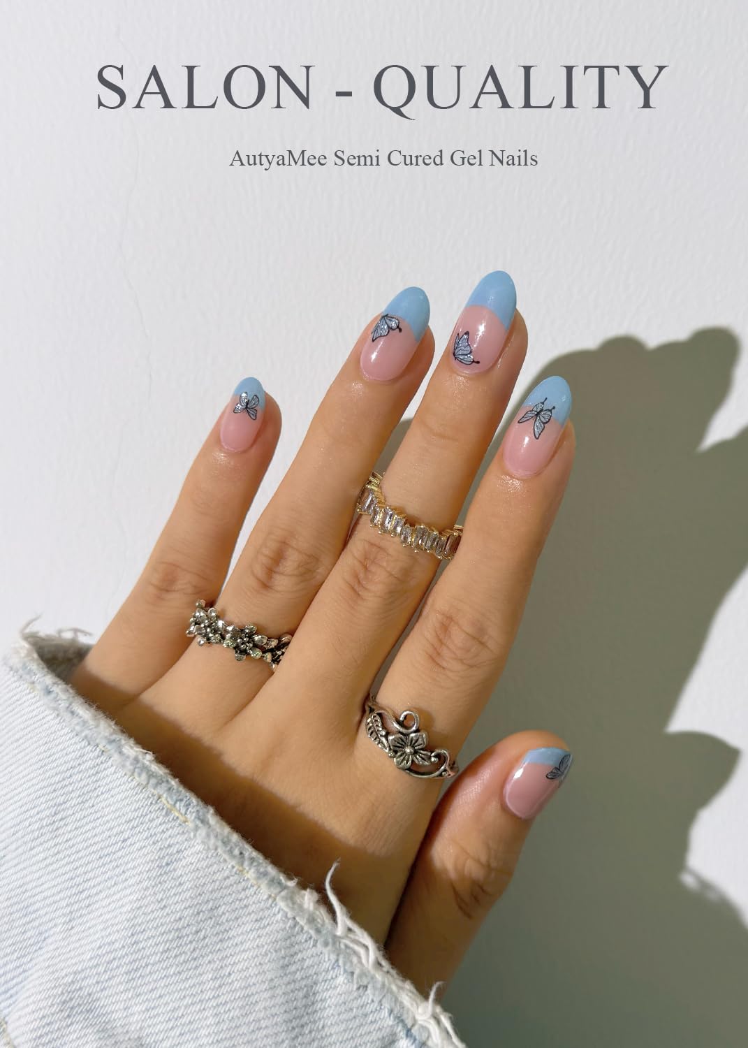 Semi Cured Gel Nail Strips - Butterfly Blue French Design (20 Pcs) | Salon Quality UV Gel Nail Wraps & Stickers | Long Lasting Manicure | Perfect for Home Nail Art, Parties & Special Occasions