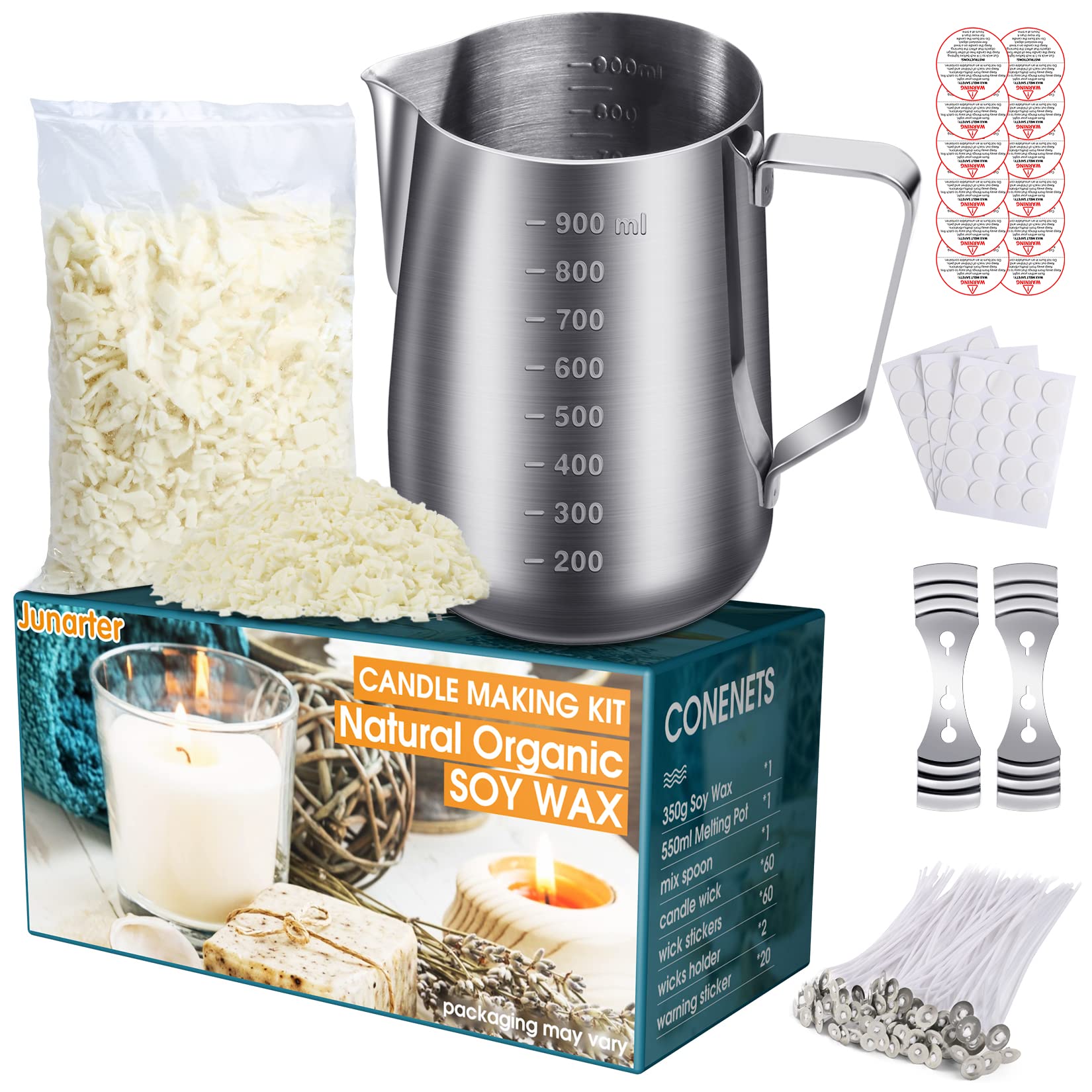 Premium Candle Making Kit for Adults - 450G Natural Soy Wax, 900ML Melting Pot, Wicks, Wick Stickers, Holder, Spoon & Warning Labels - DIY Home Decor, Gifts, Relaxation & Aromatherapy Supplies