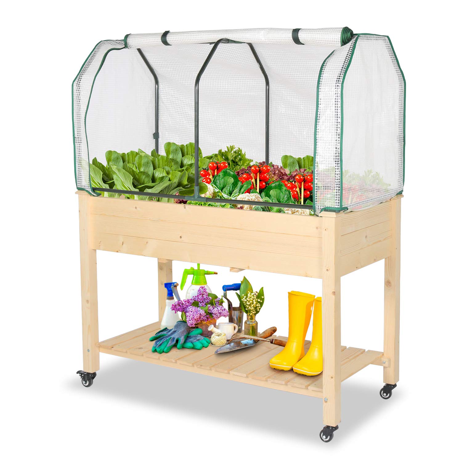 **PE Greenhouse Cover & Cedar Wood Raised Garden Bed Planter Box for Vegetables, Flowers, Fruits, Herbs – Heavy Duty Elevated Planting Bed with Easy Assembly – Perfect for Backyard, Patio & Indoor Gardening**