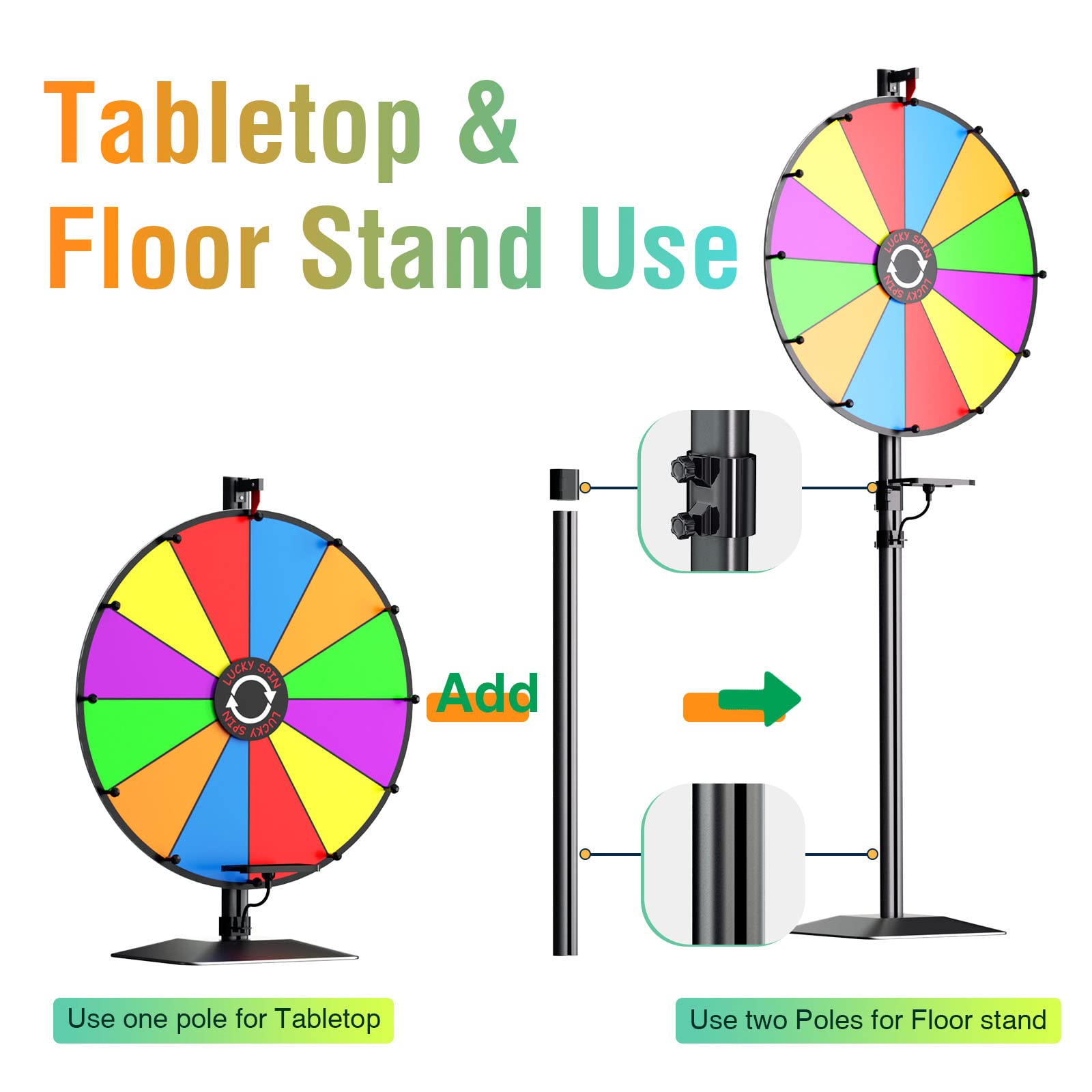24 Inch Heavy Duty Prize Wheel - Adjustable Height Floor Stand & Tabletop Spinner with 12 Dry Erase Slots & Eraser for Carnival Games, Trade Shows, Fortune Spinning & Classroom Activities
