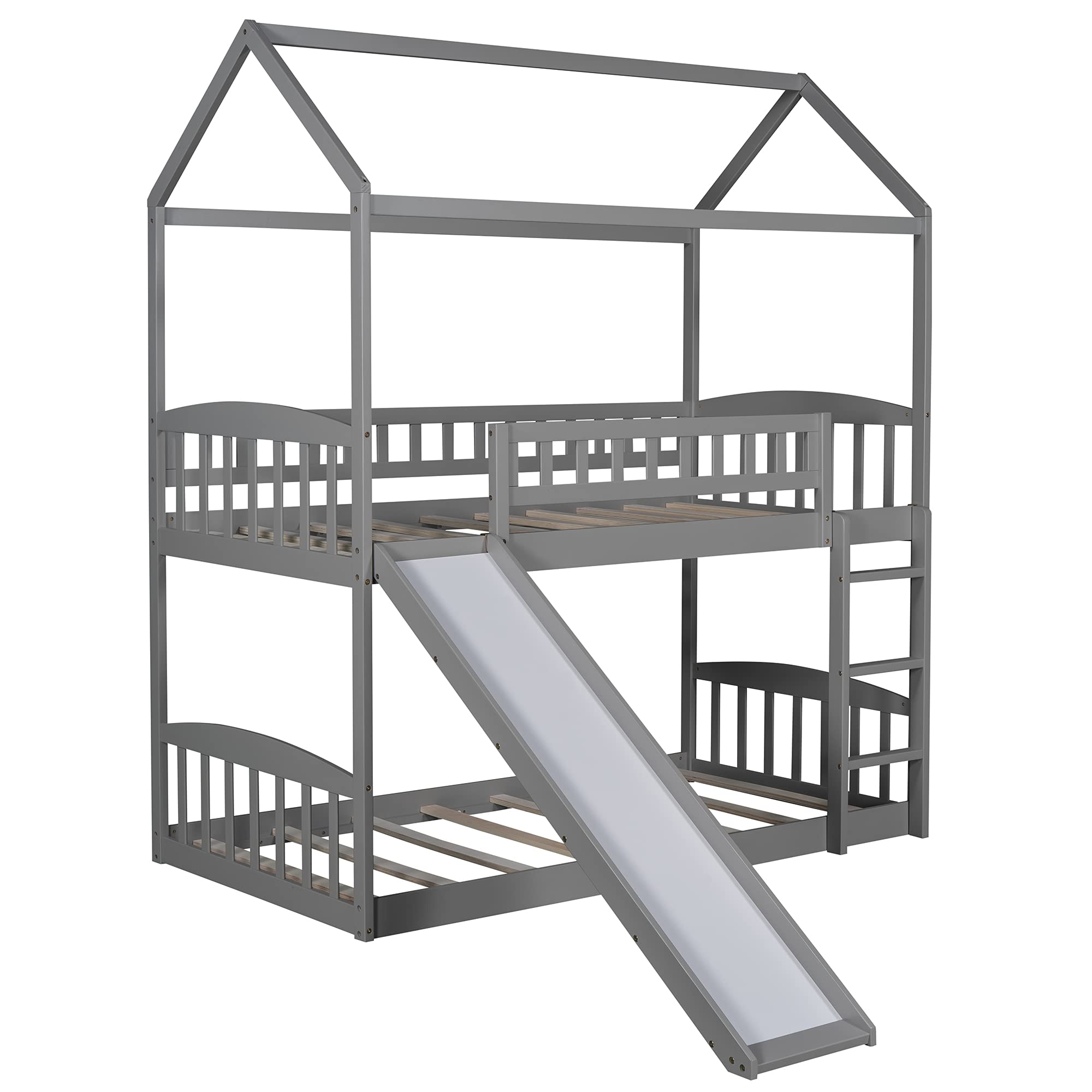 **Twin Over Twin Bunk Beds with Slide for Kids & Toddlers - House-Shaped Wooden Bunk Bed Frame with Safety Roof Guardrail & Ladders - No Box Spring Needed - Perfect for Girls & Boys Bedrooms (Gray + Wood#2) - Ideal for Small Spaces, Shared Kids' Rooms & Playrooms**