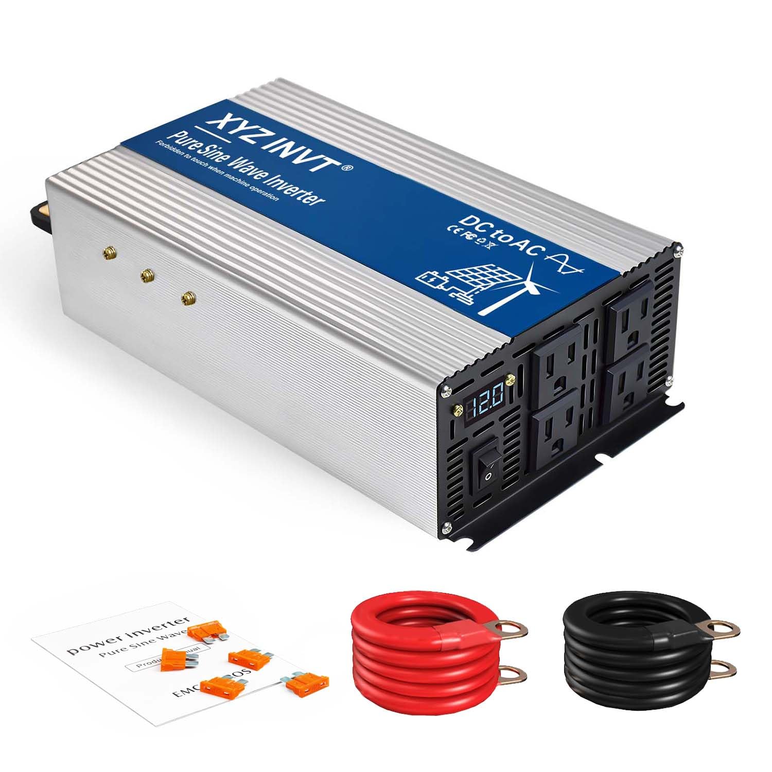 1800W Pure Sine Wave Power Inverter DC 12V to AC 110V/120V Converter with LED Display - 3600W Peak Output for RV, Camping, Home Backup & Small Appliances (Laptops, TVs, Refrigerators)