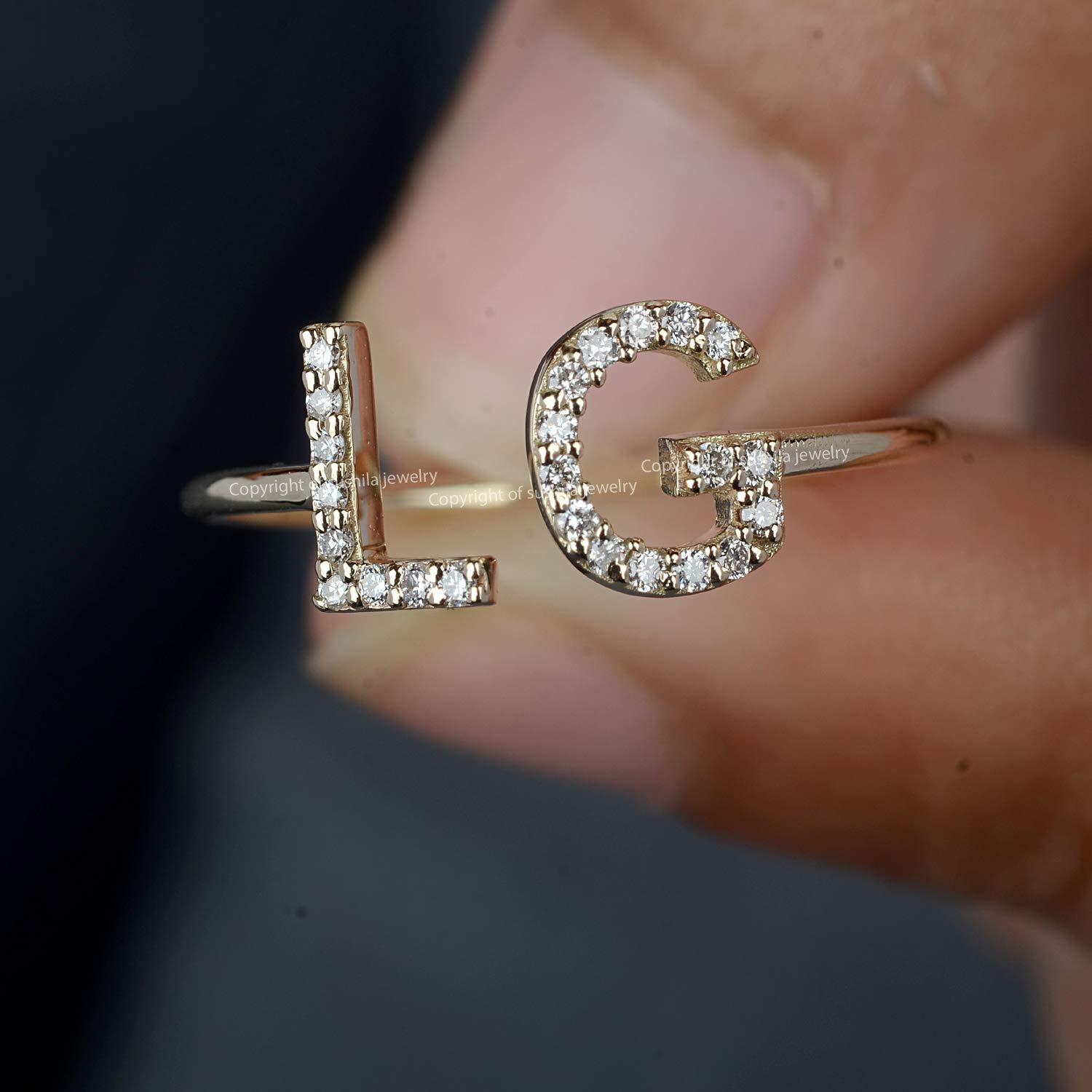 Personalized Initial L & G Letter Ring - 0.14 Ct Natural Diamond (SI Clarity, G-H Color) - 14K Solid Yellow Gold Cuff Ring for Women - Elegant Statement Jewelry for Anniversary, Birthday & Everyday Wear