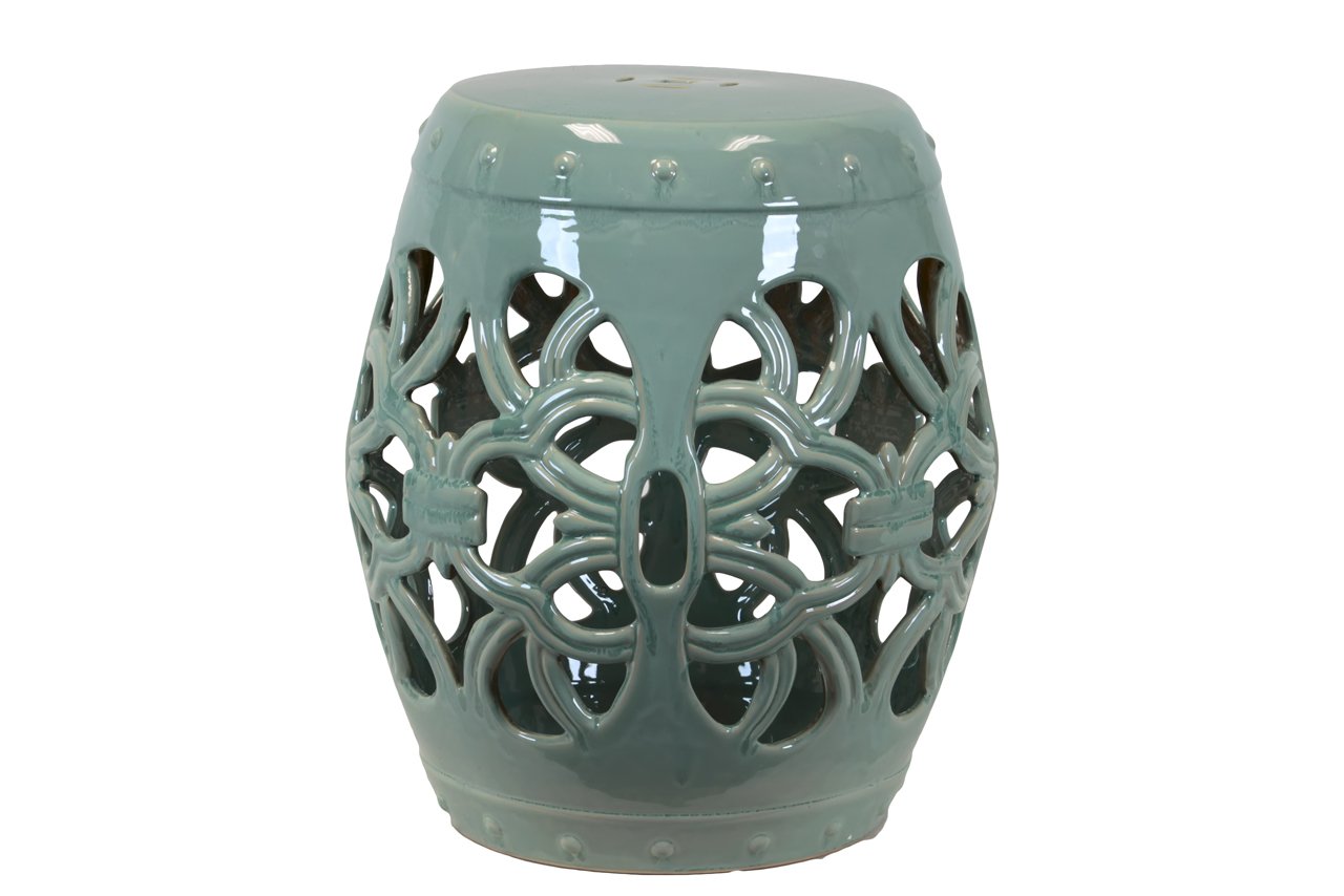 70638 Decorative Ceramic Garden Stool with Open Work Design in Green - Perfect for Outdoor Patio, Lawn Decor & Home Garden Accent