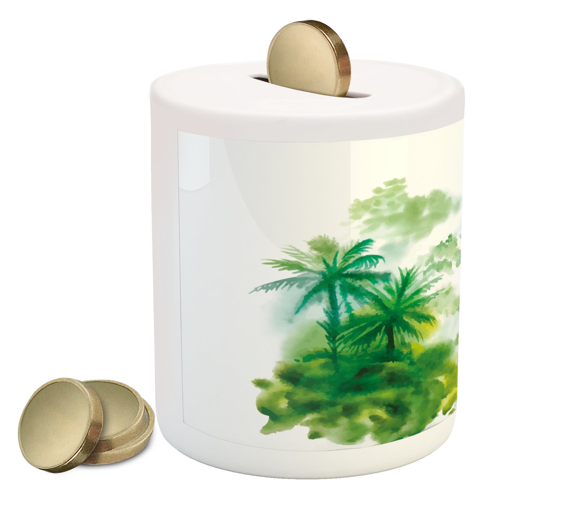 Ambesonne Green Piggy Bank - Abstract Watercolor Forest Palm Trees Design, Ceramic Coin Bank for Cash Savings in Forrest Green, Pale Green & White | Perfect Gift for Kids, Home Decor & Money Saving Goals
