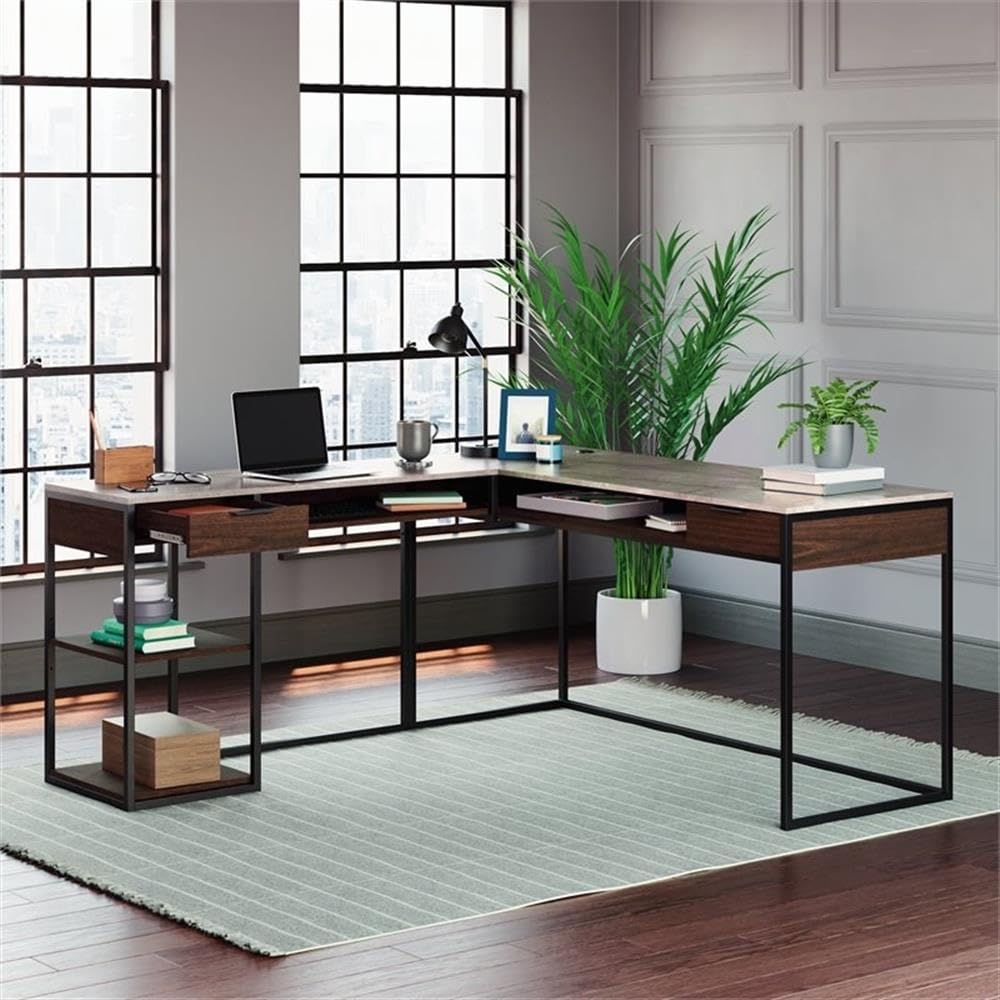 Pemberly Row Modern L-Shaped Computer Desk - Engineered Wood Home Office Furniture in Deco Stone Gray for Small Spaces & Workstations
