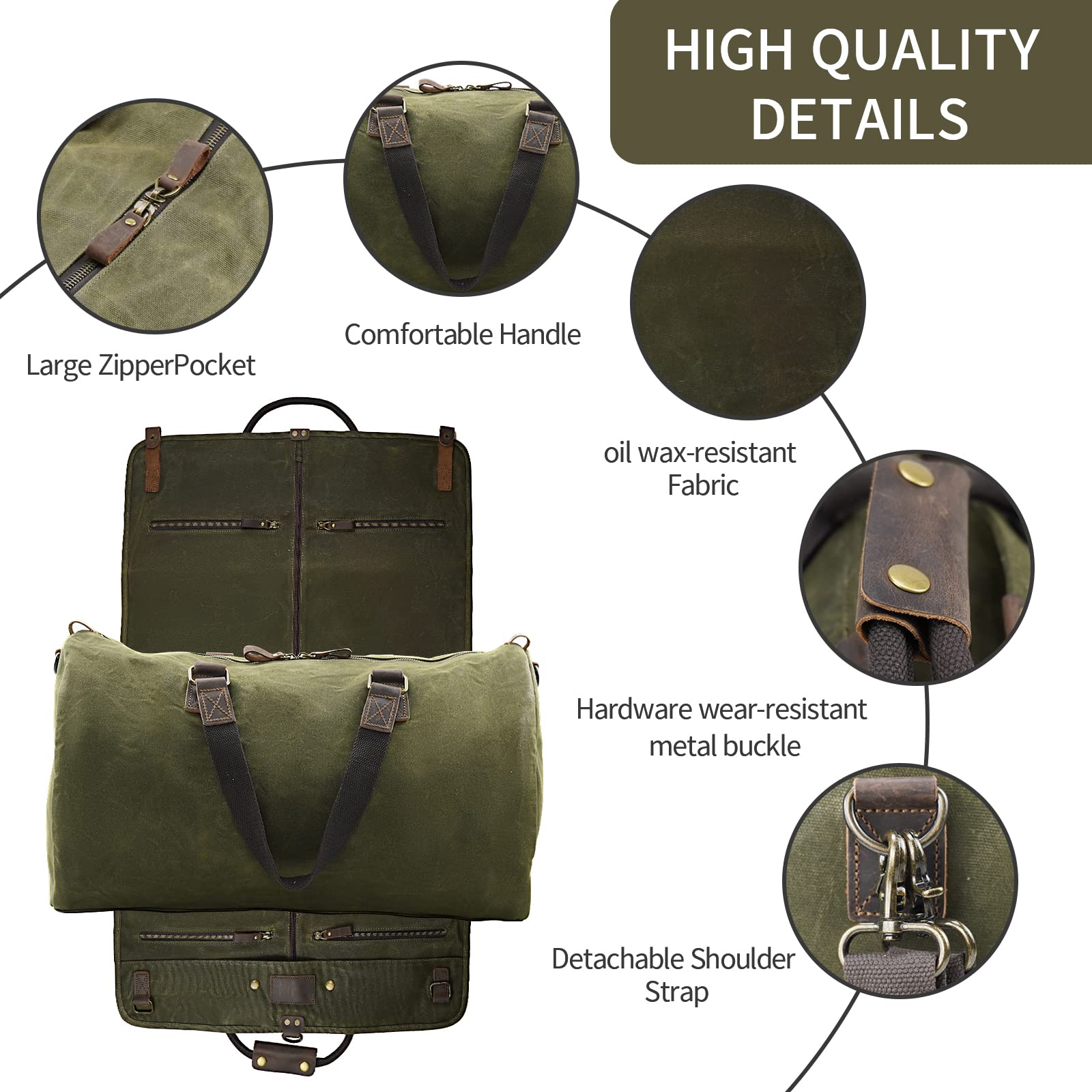 2 in 1 Canvas Leather Suit Luggage Garment Bag with Adjustable Shoulder Strap - Waxed Army Green Waterproof Travel Garment Bag for Business Trips, Weddings & Airplane Carry-On