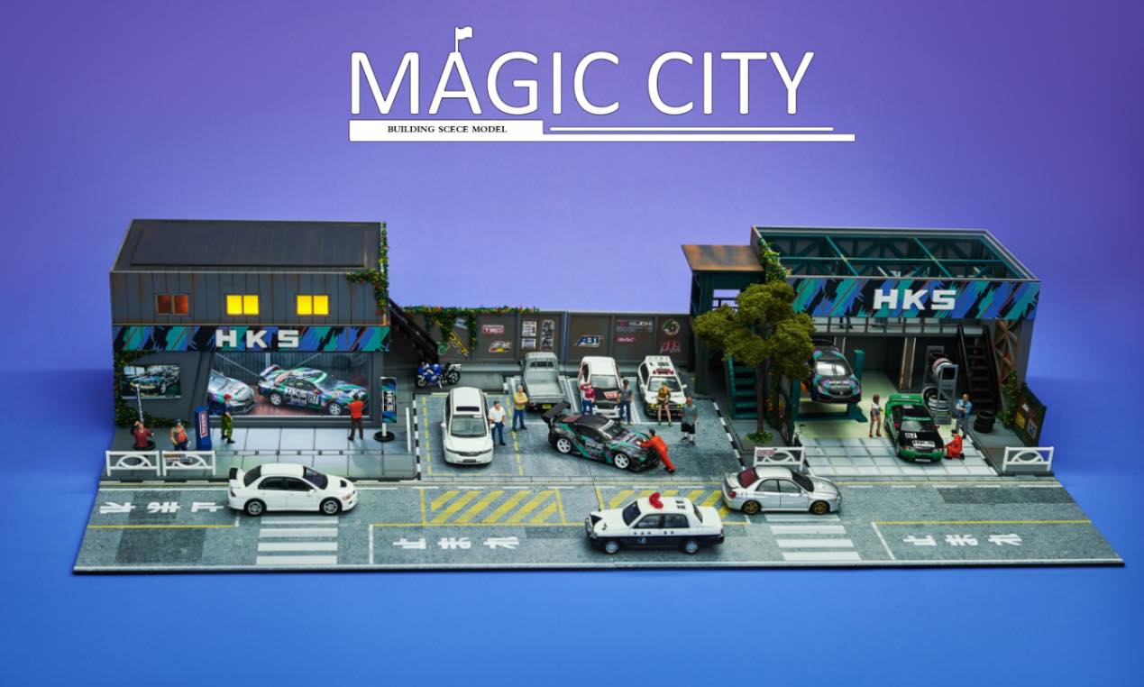 1:64 Scale HKS Showroom & Repair Shop Diorama Set - Detailed Miniature Car Display for Collectors, RC Enthusiasts - Perfect for Model Car Exhibits, Toy Photography & Racing Diorama Scenes