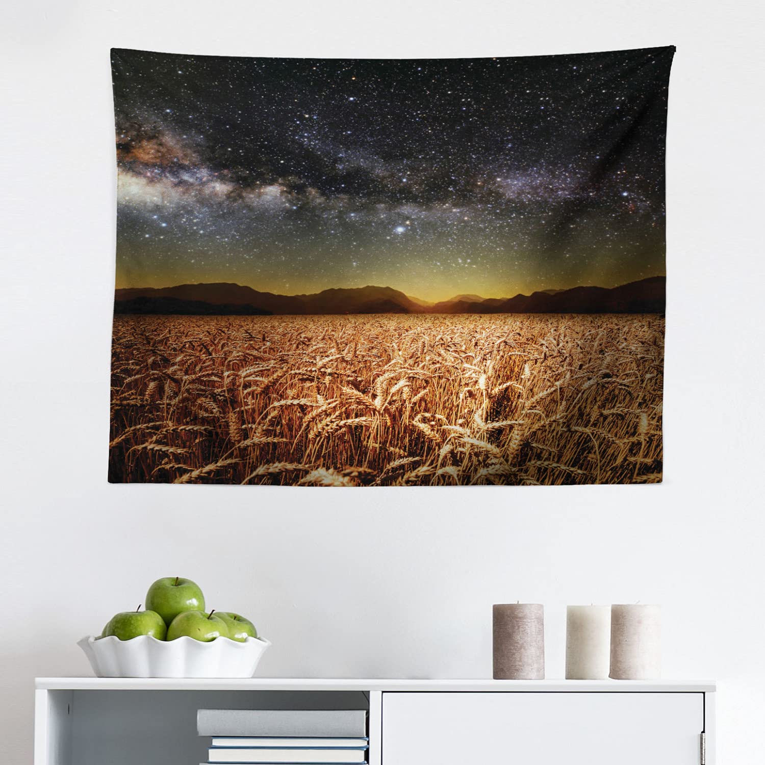 Ambesonne Space Tapestry - Wheat Field Meadow Under Star Clusters Twilight Harvesting Rural Art Print Fabric Wall Hanging Decor for Bedroom, Living Room, Dorm (28x23 Inches, Tan Grey) | Perfect for Boho Home Decor, Astronomy Lovers & Cozy Room Aesthetics