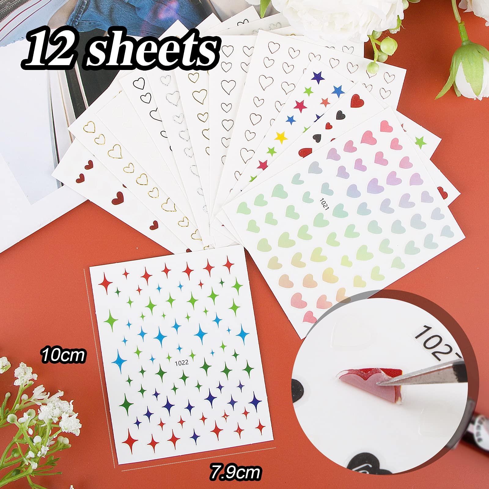 12 Sheets 3D Heart & Star Nail Art Stickers - Self-Adhesive Nail Decals for Women (Gold, Silver, Black, White) - Perfect for Valentine's Day, Prom, Parties & Nail Salon Decorations